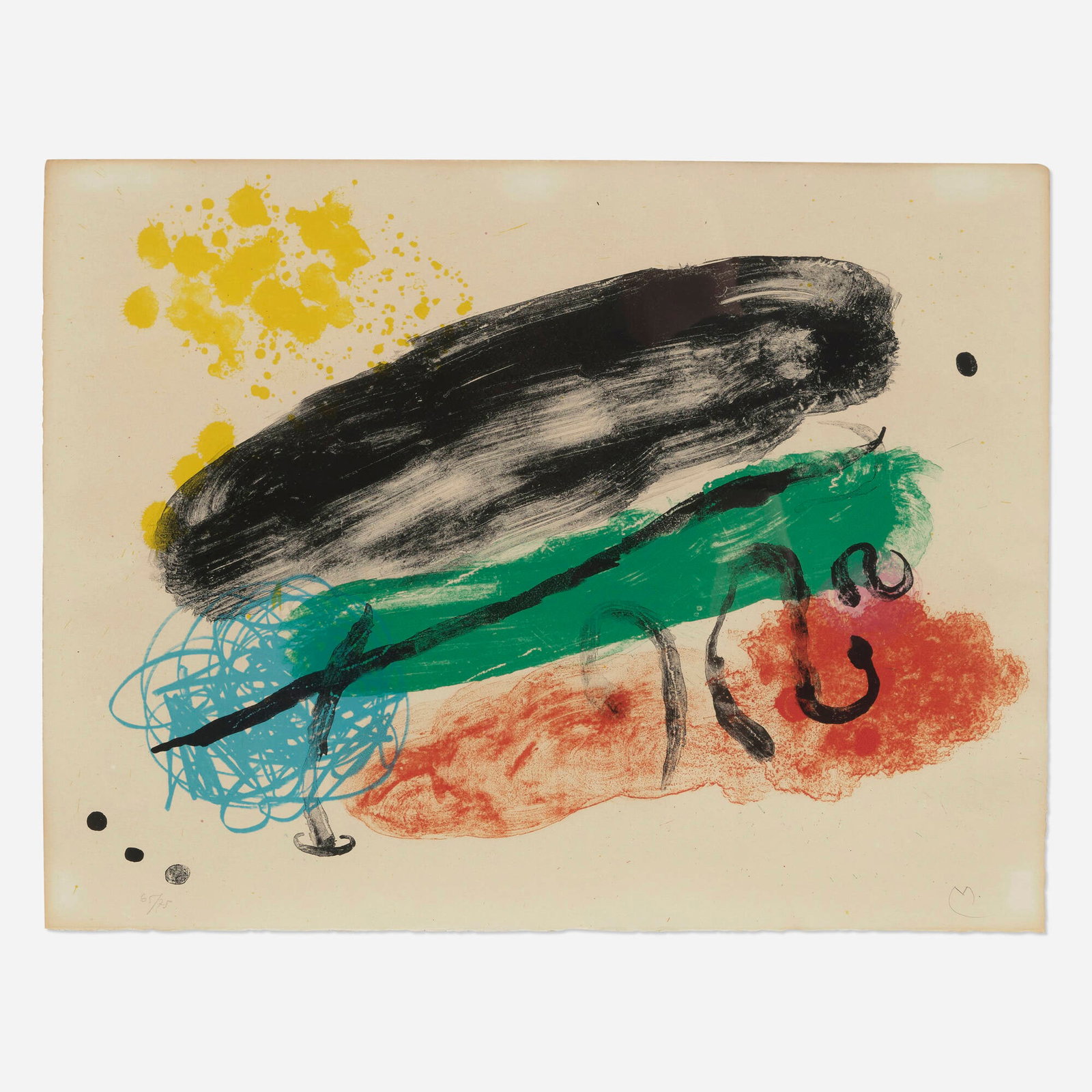 Joan Miro, Plate 16 (from the Album 19 portfolio): Joan Miro Plate 16 (from the Album 19 portfolio) 1961 lithograph in colors 20 h x 26.125 w in (51 x 66 cm) Signed and numbered to lower edge '65/75 M.'. This work is number 65 from th