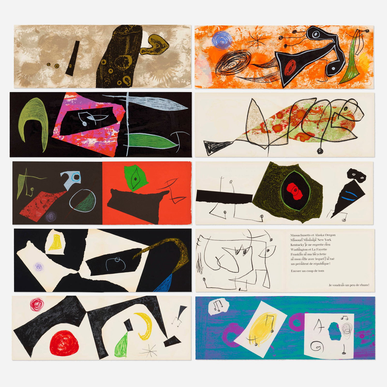 Joan Miro, Penalties de l'enfer ou les nouvelles Hebrides: Joan Miro Penalties de l'enfer ou les nouvelles Hebrides 1974 lithograph in colors largest: 14.5 h x 63 w in (37 x 160 cm) smallest: 10.5 h x 14.5 w in (27 x 37 cm) Signed to colophon 'Miro'