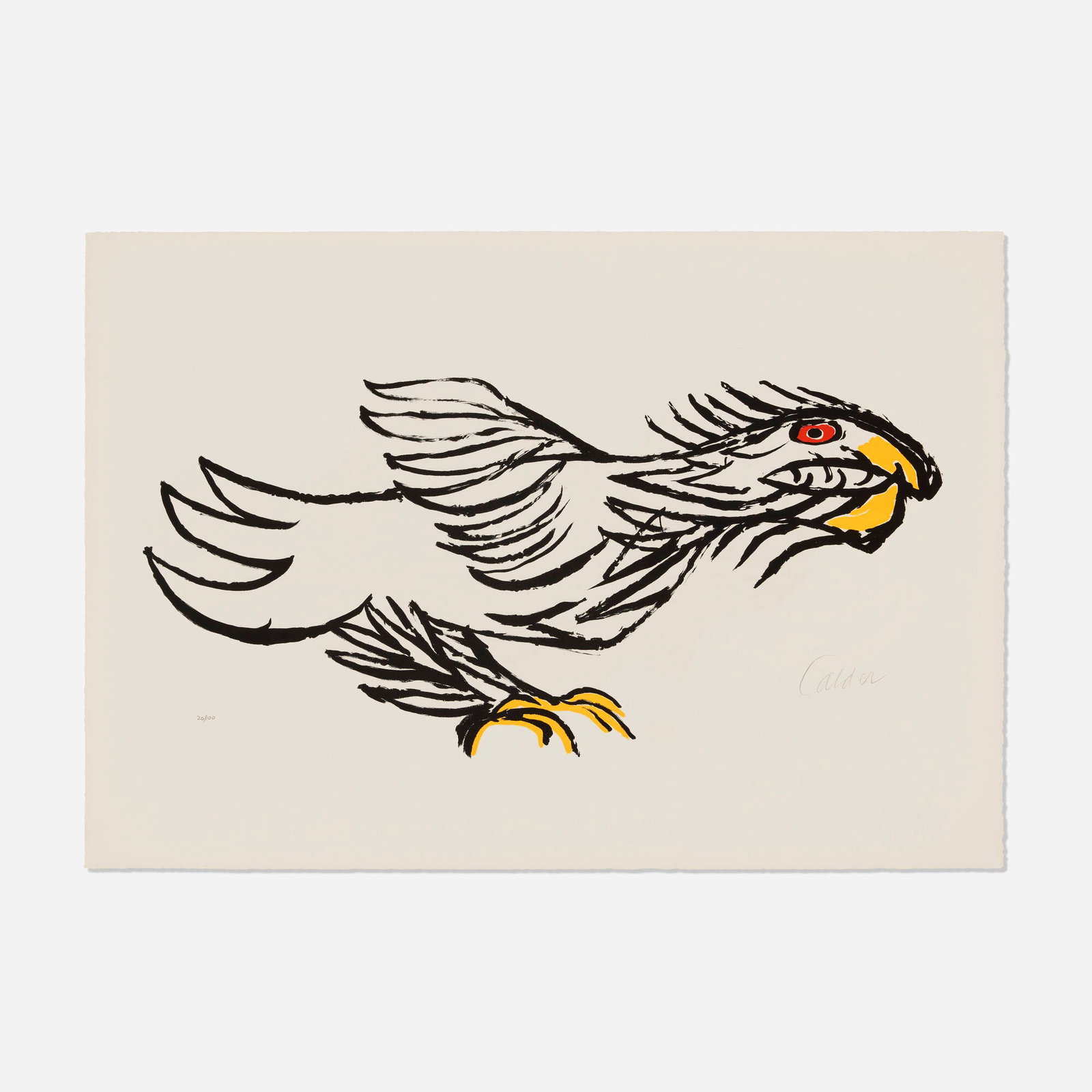 Alexander Calder, L'aigle (from the Flying Colors series): Alexander Calder L'aigle (from the Flying Colors series) 1975 lithograph in colors 23.875 h x 34.25 w in (61 x 87 cm) Signed and numbered to lower edge '21/100 Calder'. This work is n