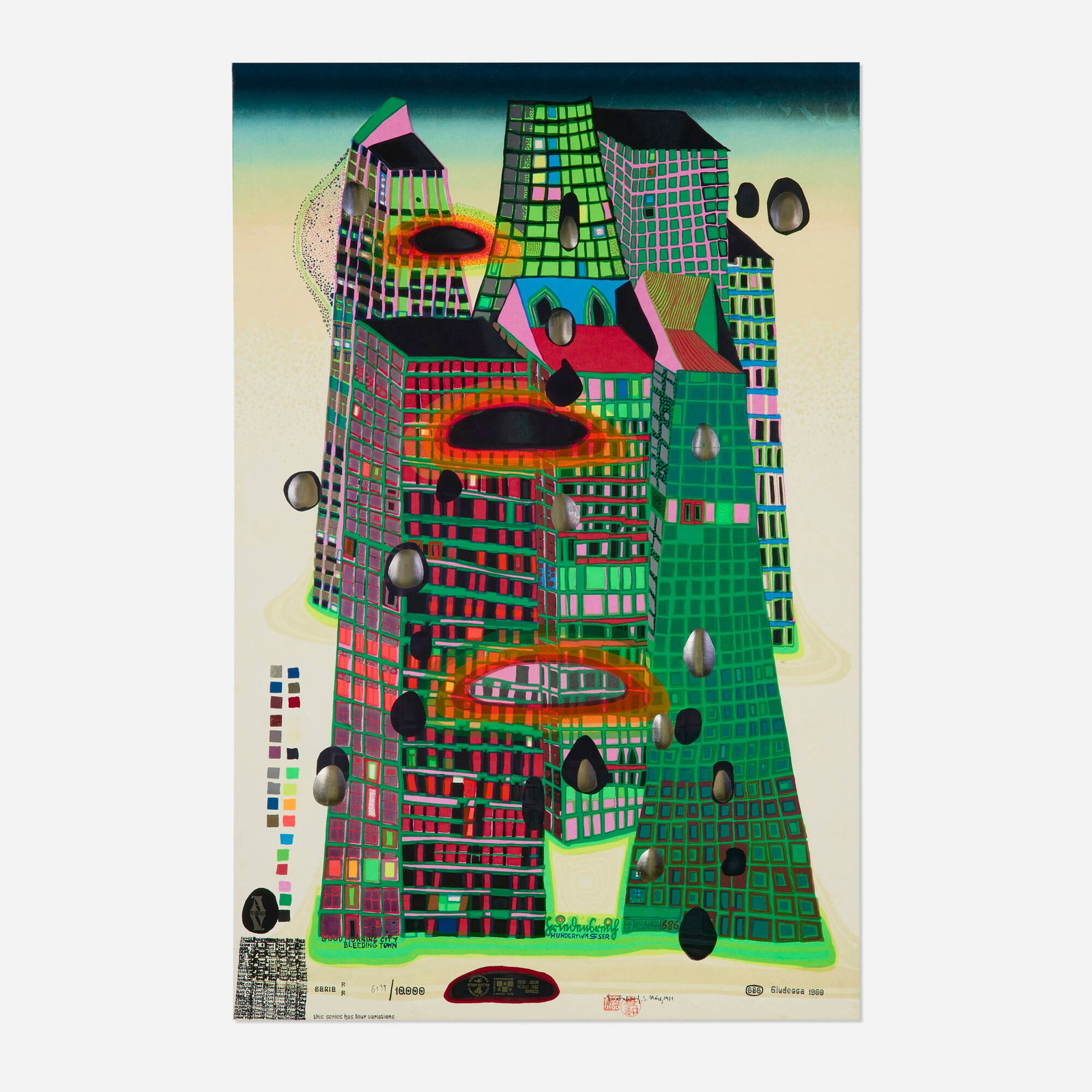 Friedensreich Hundertwasser, Good Morning City - Bleeding Town: Friedensreich Hundertwasser Good Morning City - Bleeding Town 1971 screenprint with metallic embossing on Fabriano 33.5 h x 22 w in (85 x 56 cm) This work is number 6131 from the edition of 10,