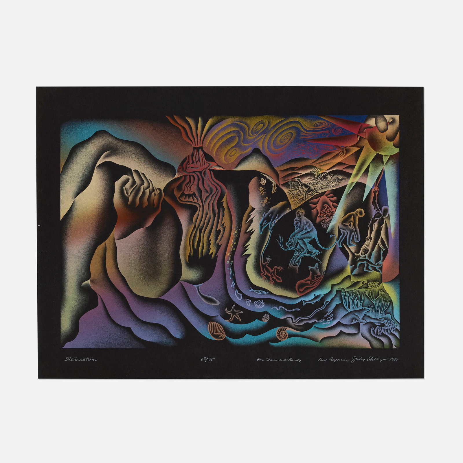 Judy Chicago, The Creation (from The Birth Project portfolio): Judy Chicago The Creation (from The Birth Project portfolio) 1985 screenprint in colors on black Arches image: 24 h x 35 w in (61 x 89 cm) sheet: 30 h x 40 w in (76 x 102 cm) Signed, titled, dated,