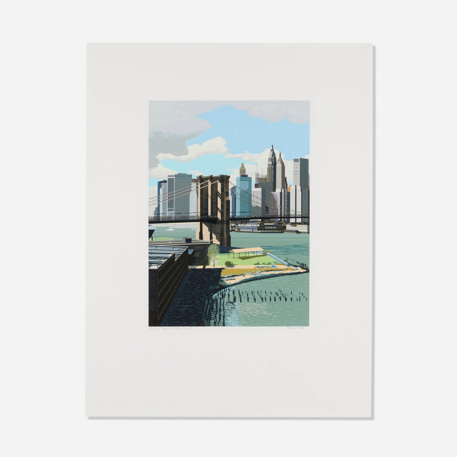Richard Estes, East River (from the Kinderstern portfolio): Richard Estes East River (from the Kinderstern portfolio) 1989 screenprint in colors image: 17.75 h x 12.5 w in (45 x 32 cm) sheet: 29.25 h x 22.5 w in (74 x 57 cm) Signed and inscribed to lower edge