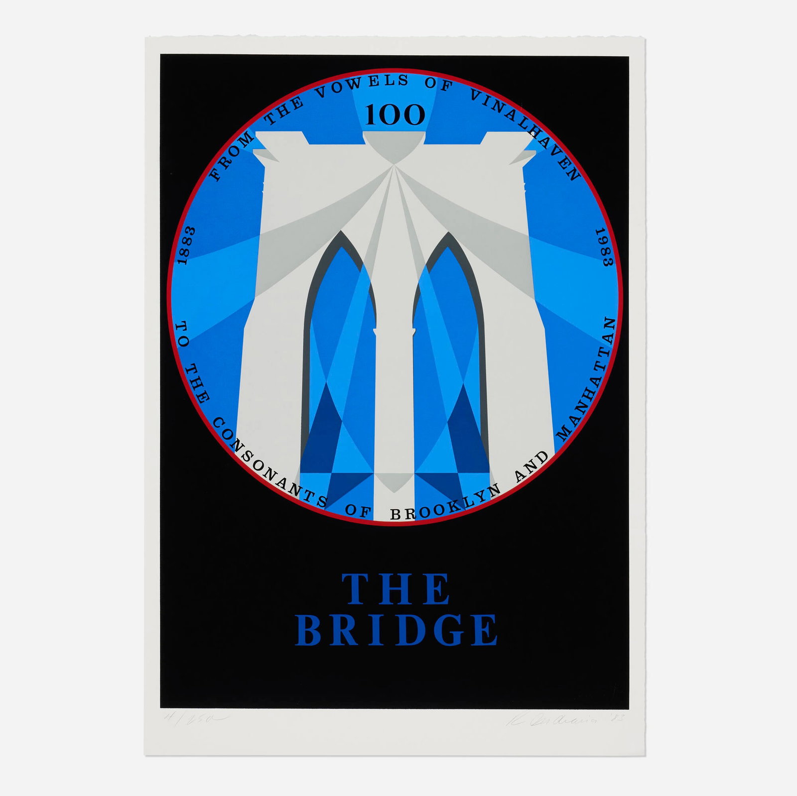 Robert Indiana, The Brooklyn Bridge (from the New York, New York portfolio): Robert Indiana The Brooklyn Bridge (from the New York, New York portfolio) 1983 screenprint in colors image: 31.875 h x 22.875 w in (81 x 58 cm) sheet: 35.25 h x 24.625 w in (90 x 63 cm) Signed,