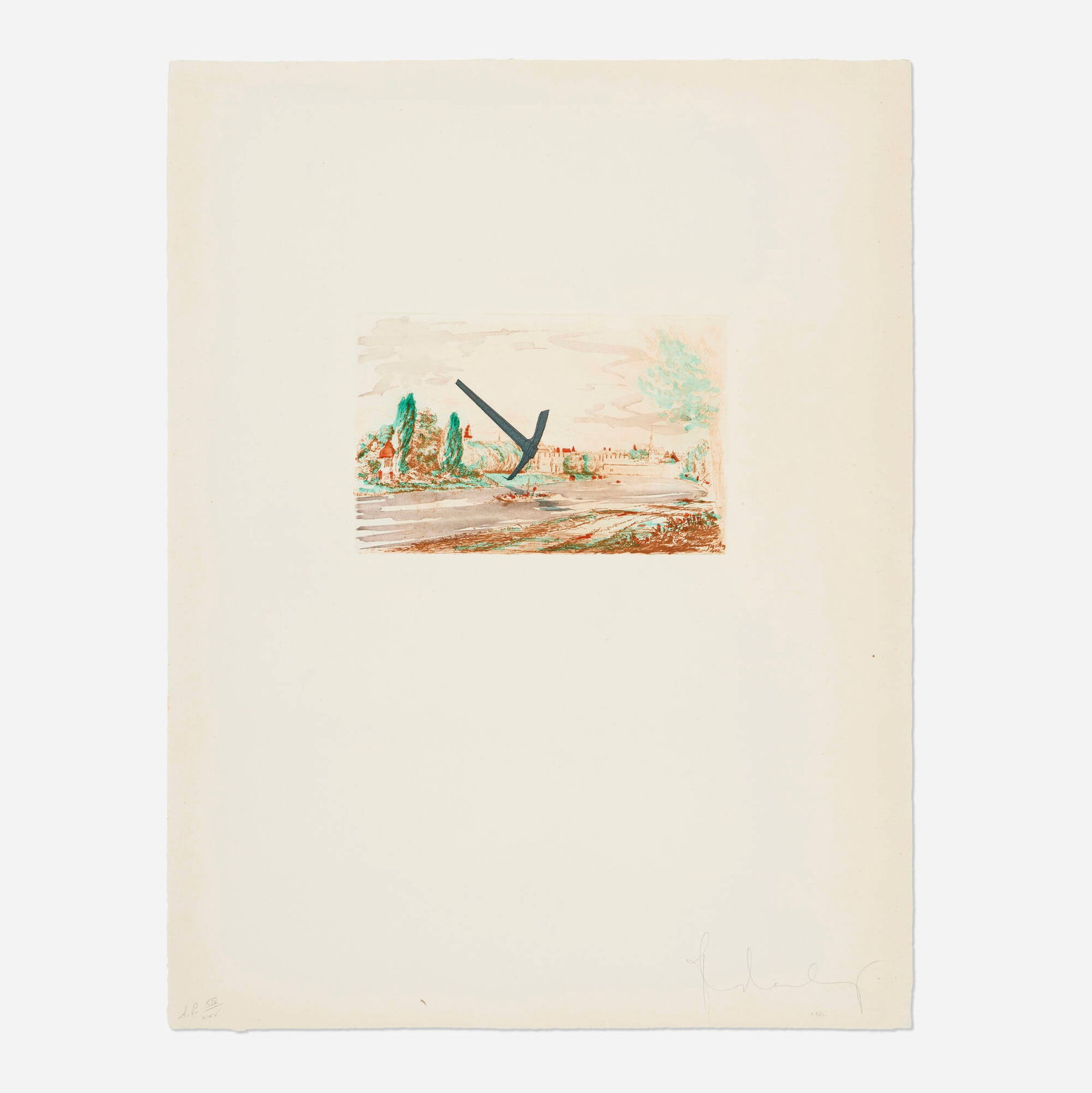 Claes Oldenburg, Pick Axe (Spitzhacke) Superimposed on a Drawing of the Site by E.L. Grimm: Claes Oldenburg Pick Axe (Spitzhacke) Superimposed on a Drawing of the Site by E.L. Grimm 1982 photogravure, etching and spitbite aquatint in colors on Richard de Bas handmade image: 6.25 h x 10 w in
