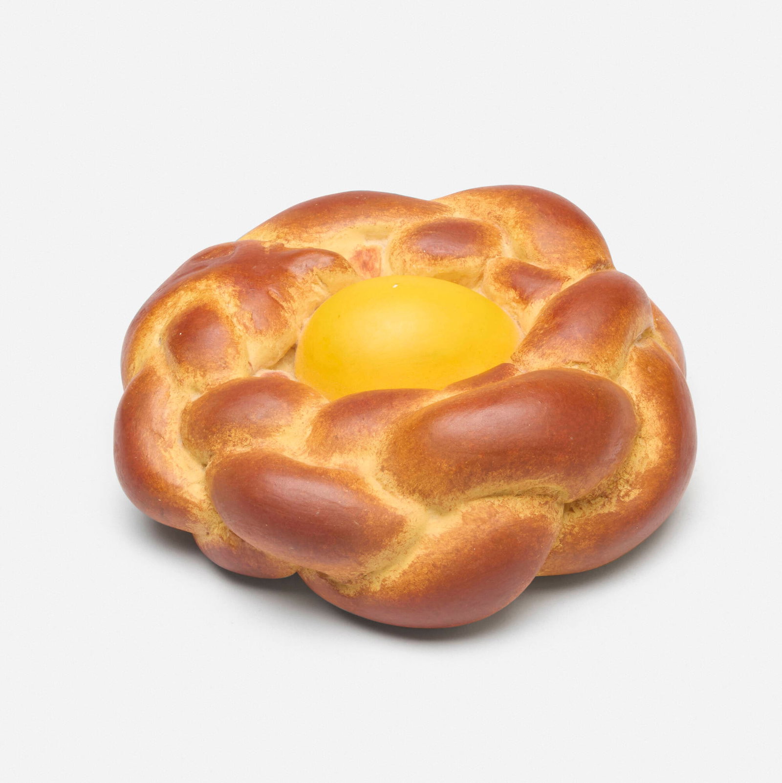 Jeff Koons, Bread with Egg (Yellow): Jeff Koons Bread with Egg (Yellow) 1995 tempera on plaster 2.25 h x 6 w x 5.625 d in (6 x 15 x 14 cm) Dated, numbered, and inscribed to underside 'Special Edition For Armitage Foundation