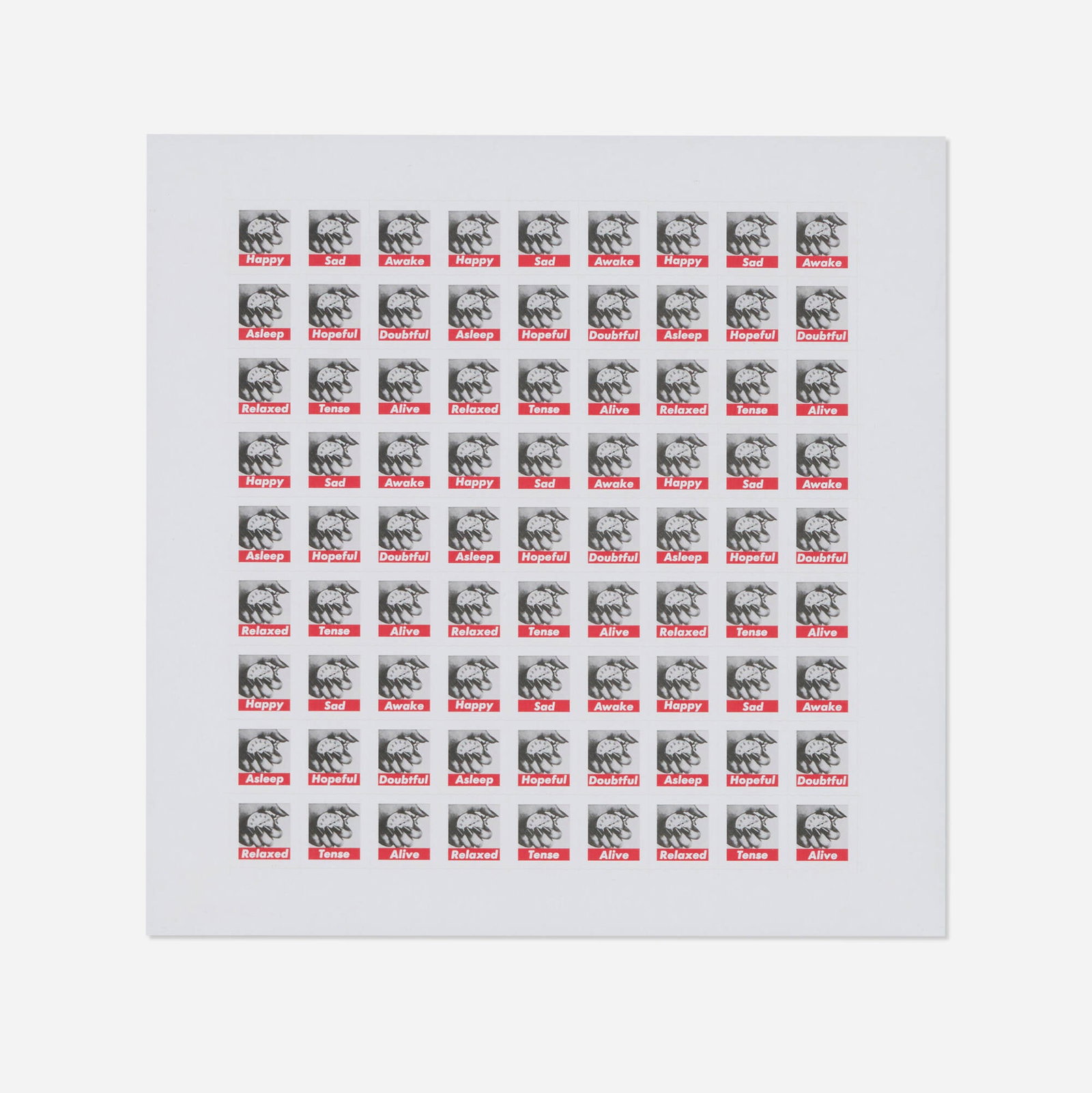 Barbara Kruger, Untitled (Stamps): Barbara Kruger Untitled (Stamps) 1990 / 2013 offset lithograph in colors on perforated sticker paper image: 9.625 h x 9 w in (24 x 23 cm) sheet: 11.375 h x 11.375 w in (29 x 29 cm) Numbered to verso
