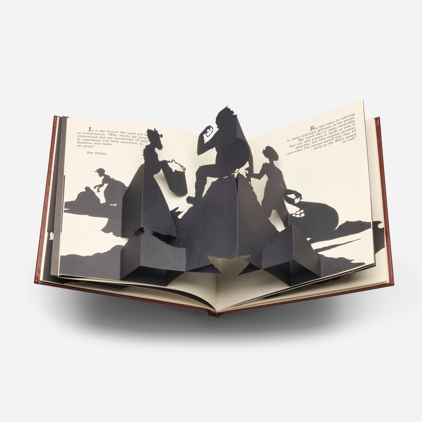 Kara Walker, Freedom, A Fable Found (pop-up book) (Peter Norton Christmas Project): Kara Walker Freedom, A Fable Found (pop-up book) (Peter Norton Christmas Project) 1997 leather-bound volume of offset lithographs and five laser-cut pop-up silhouettes on wove paper 9.25 h x 8.25 w x