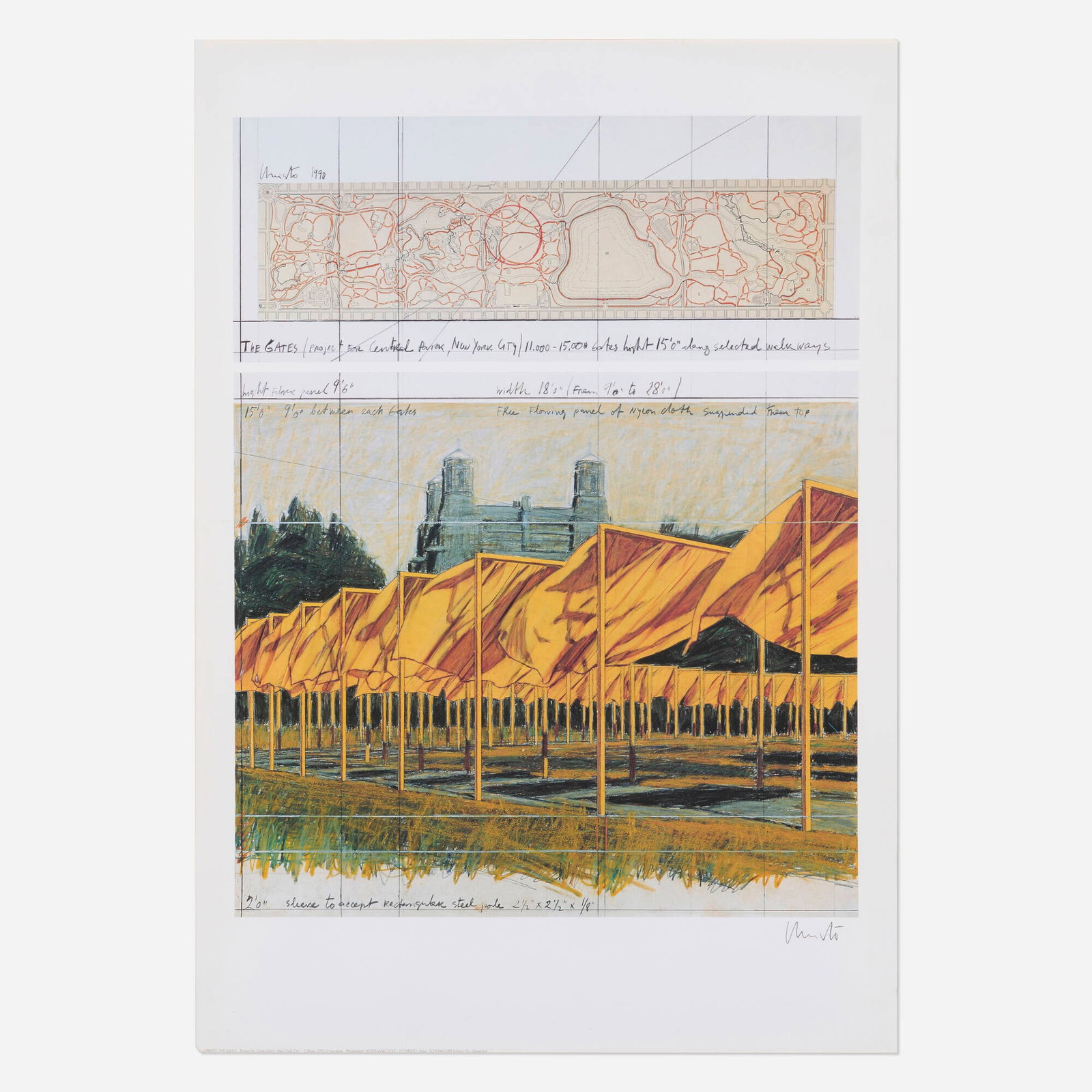 Christo, The Gates: Christo The Gates 1990 offset lithograph in colors sight: 39 h x 27.75 w in (99 x 70 cm) Signed to lower right 'Christo'. This work is from the edition of unknown size published by Schumacher Edition
