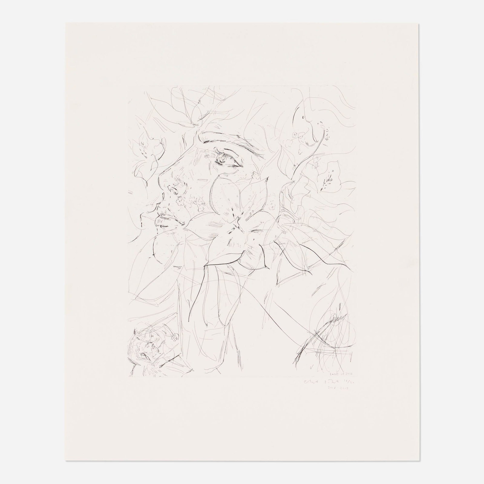 Elizabeth Peyton, Timothee/Elio (Call Me By Your Name): Elizabeth Peyton Timothee/Elio (Call Me By Your Name) 2018-19 etching on hand-dyed pink wove paper image: 13.875 h x 11 w in (35 x 28 cm) sheet: 21 h x 16.875 w in (53 x 43 cm) Signed, dated