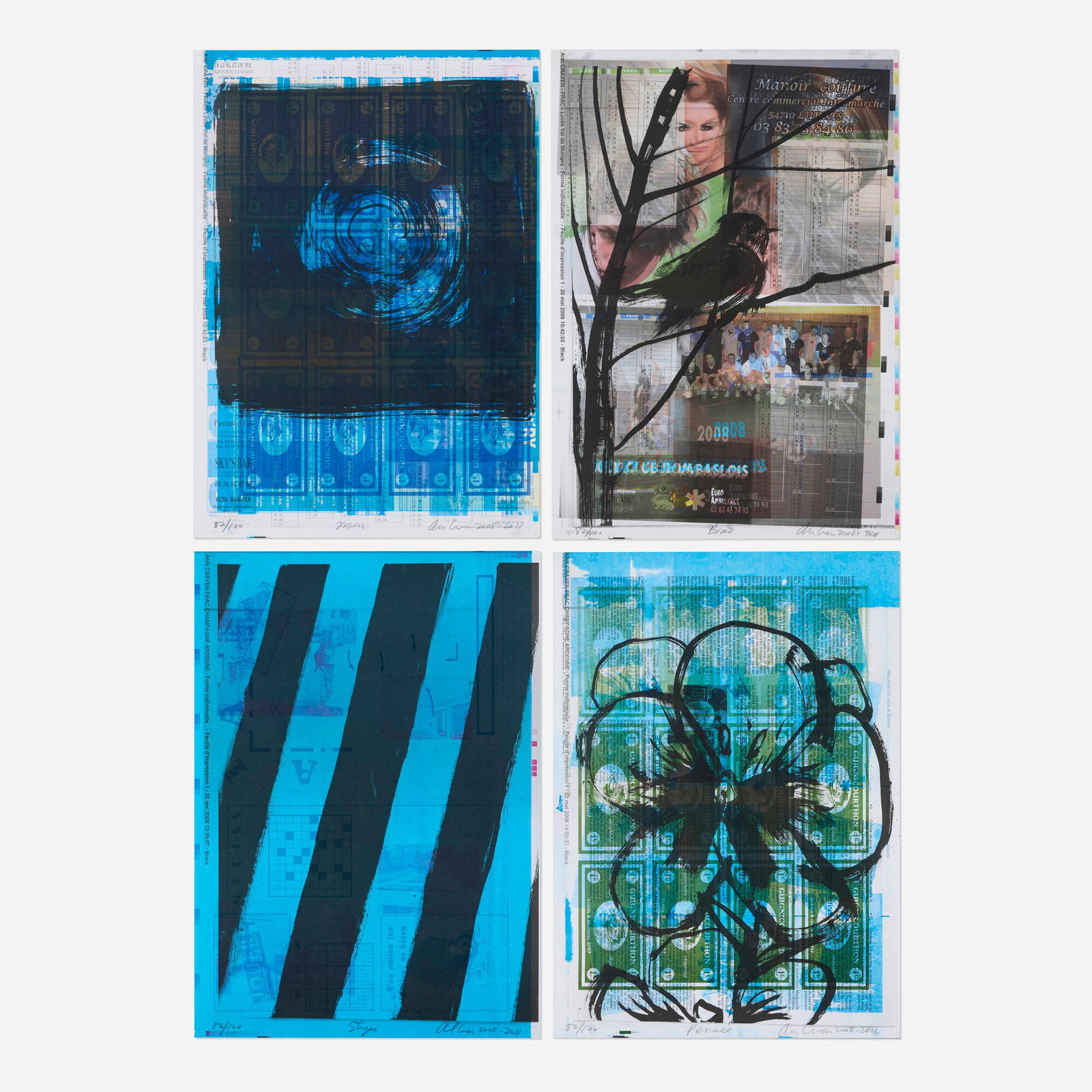 Ann Craven, 16,000 Mistakes (Bird, Pensee, Stripe, Moon): Ann Craven 16,000 Mistakes (Bird, Pensee, Stripe, Moon) 2008-11 screenprint on offset lithograph in colors image (each): 17.625 h x 12.5 w in (45 x 32 cm) sight (each): 19.625 h x 14.625 w in (50 x