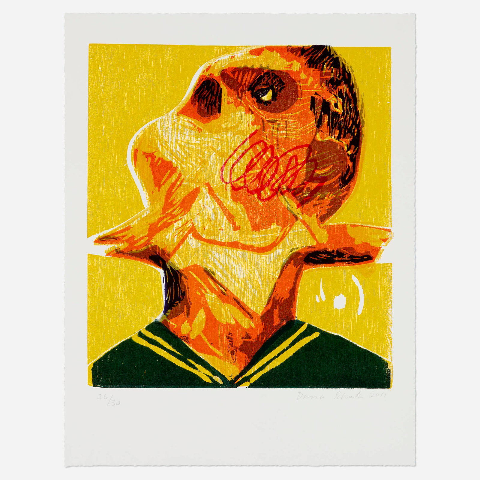 Dana Schutz, Bird in Throat: Dana Schutz Bird in Throat 2011 woodcut in colors on Stonehenge image: 13.75 h x 12.25 w in (35 x 31 cm) sheet: 18 h x 14 w in (46 x 36 cm) Signed to lower edge '26/30 Dana Schutz 2011'. This work is