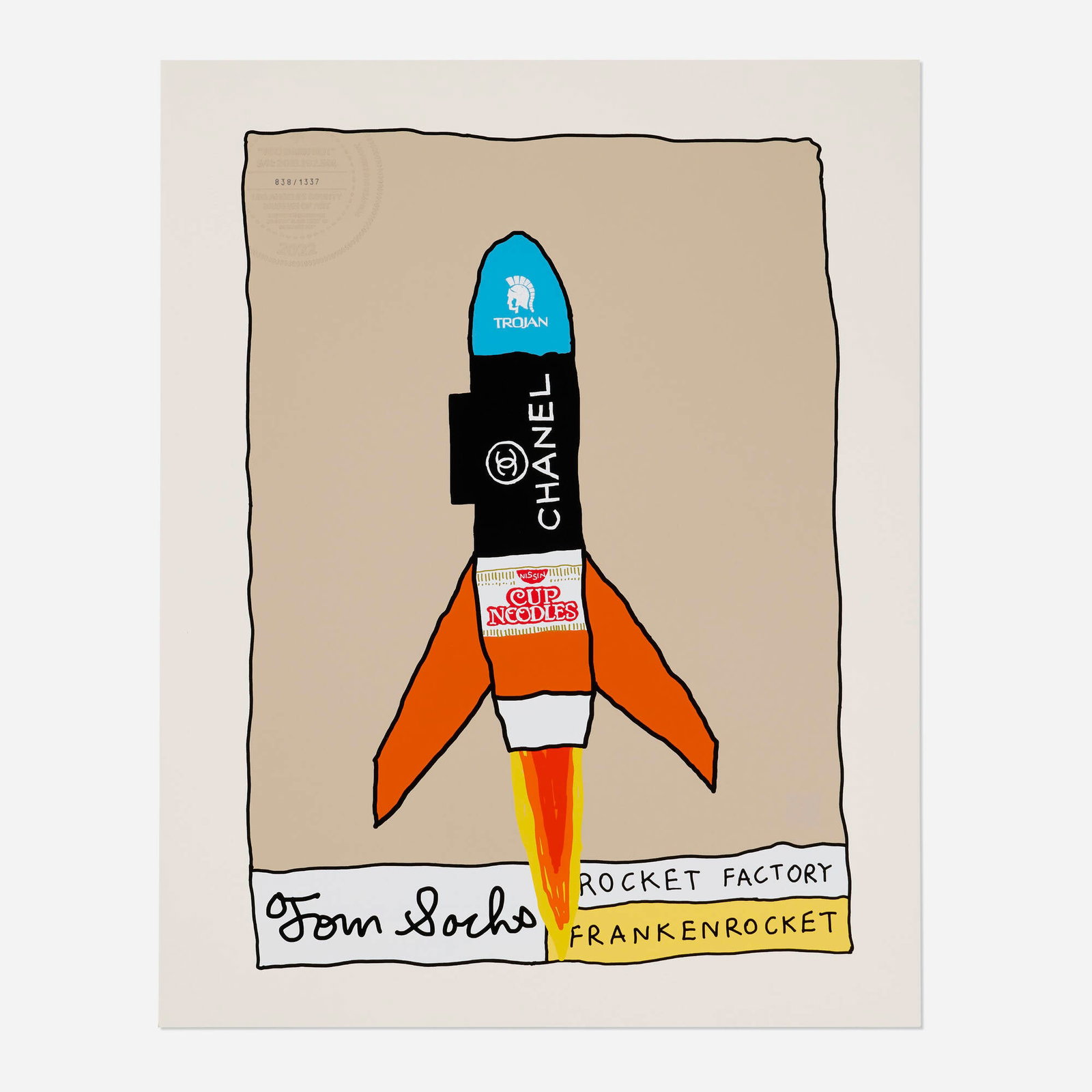 Tom Sachs, Too Darn Hot: Tom Sachs Too Darn Hot 2022 screenprint in colors with semi-gloss varnish on Somerset Tub Sized Satin image: 26.125 h x 18.875 w in (66 x 48 cm) sheet: 30.5 h x 24 w in (77 x 61 cm) This wor