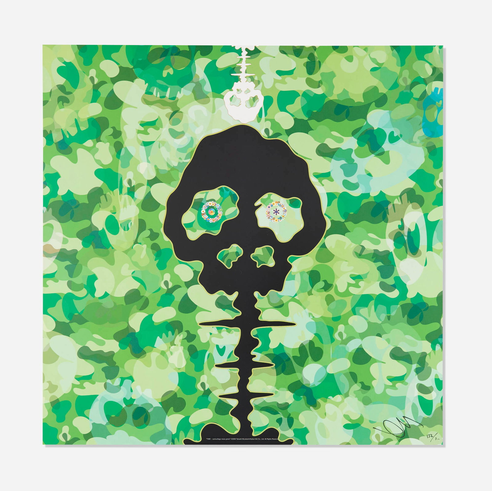 Takashi Murakami, TIME - camouflage moss green: Takashi Murakami TIME - camouflage moss green 2009 offset lithograph in colors 19.75 h x 19.75 w in (50 x 50 cm) Signed and numbered to lower right 'Takashi Murakami 152/300'. This work is numb