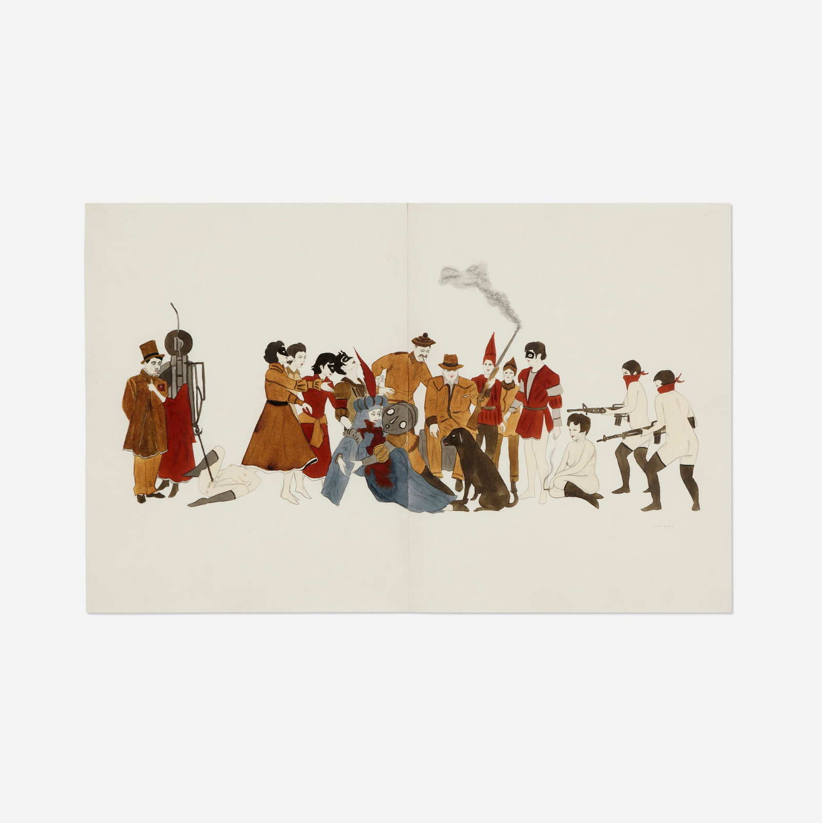 Marcel Dzama, Her Breath Will Not Mist or Stain the Stone: Marcel Dzama Her Breath Will Not Mist or Stain the Stone 2010 ink and watercolor on paper 13.875 h x 21.875 w in (35 x 56 cm) Signed to lower right 'Marcel Dzama'. Provenance: Sies + Hoke
