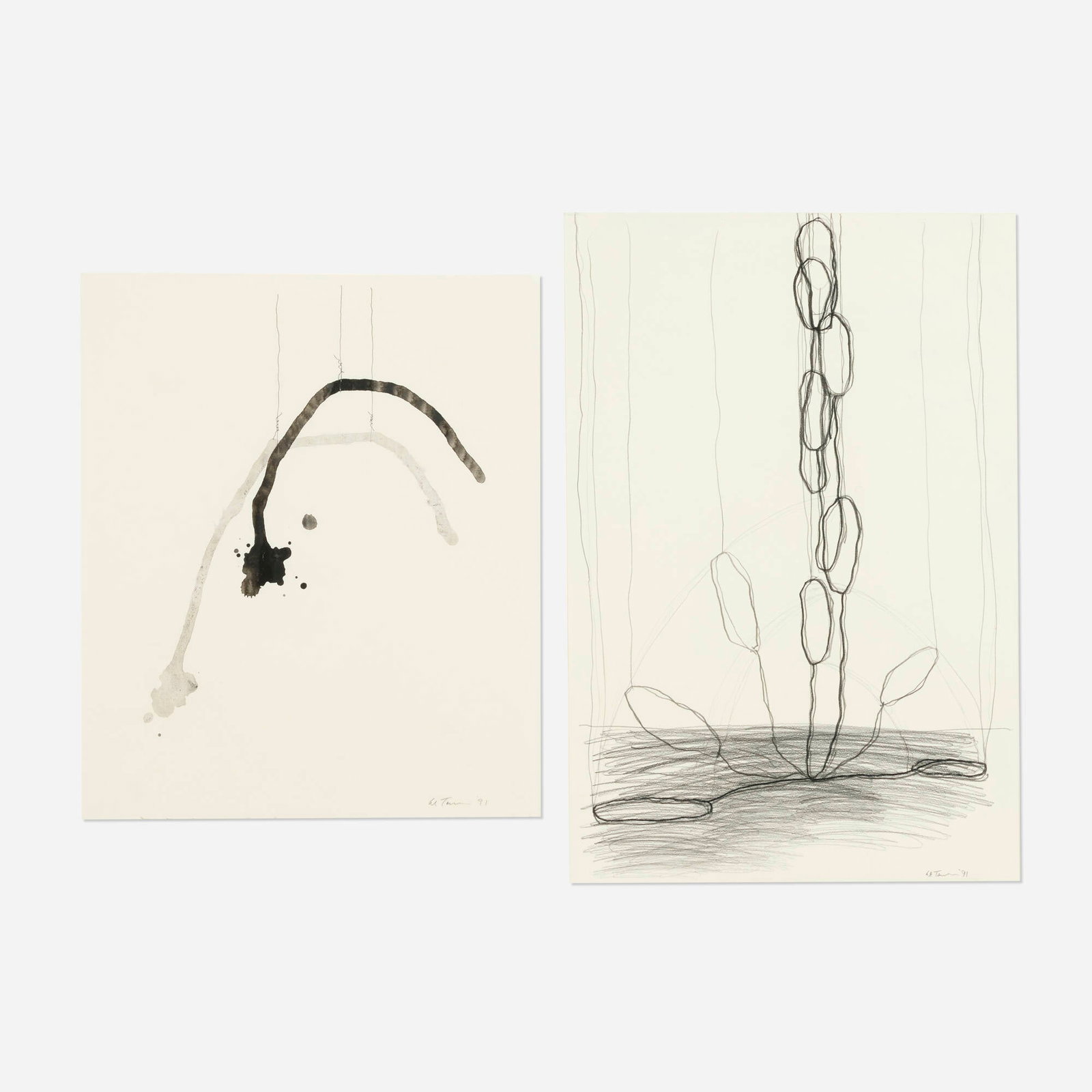 Al Taylor, Hanging Puddle; Hanging Puddles (two works): Al Taylor Hanging Puddle; Hanging Puddles (two works) 1991 pencil and graphite on paper; pencil and gouache on paper 19.5 h x 13 w in (50 x 33 cm) 16 h x 13.375 w in (41 x 34 cm) Signed and dated to