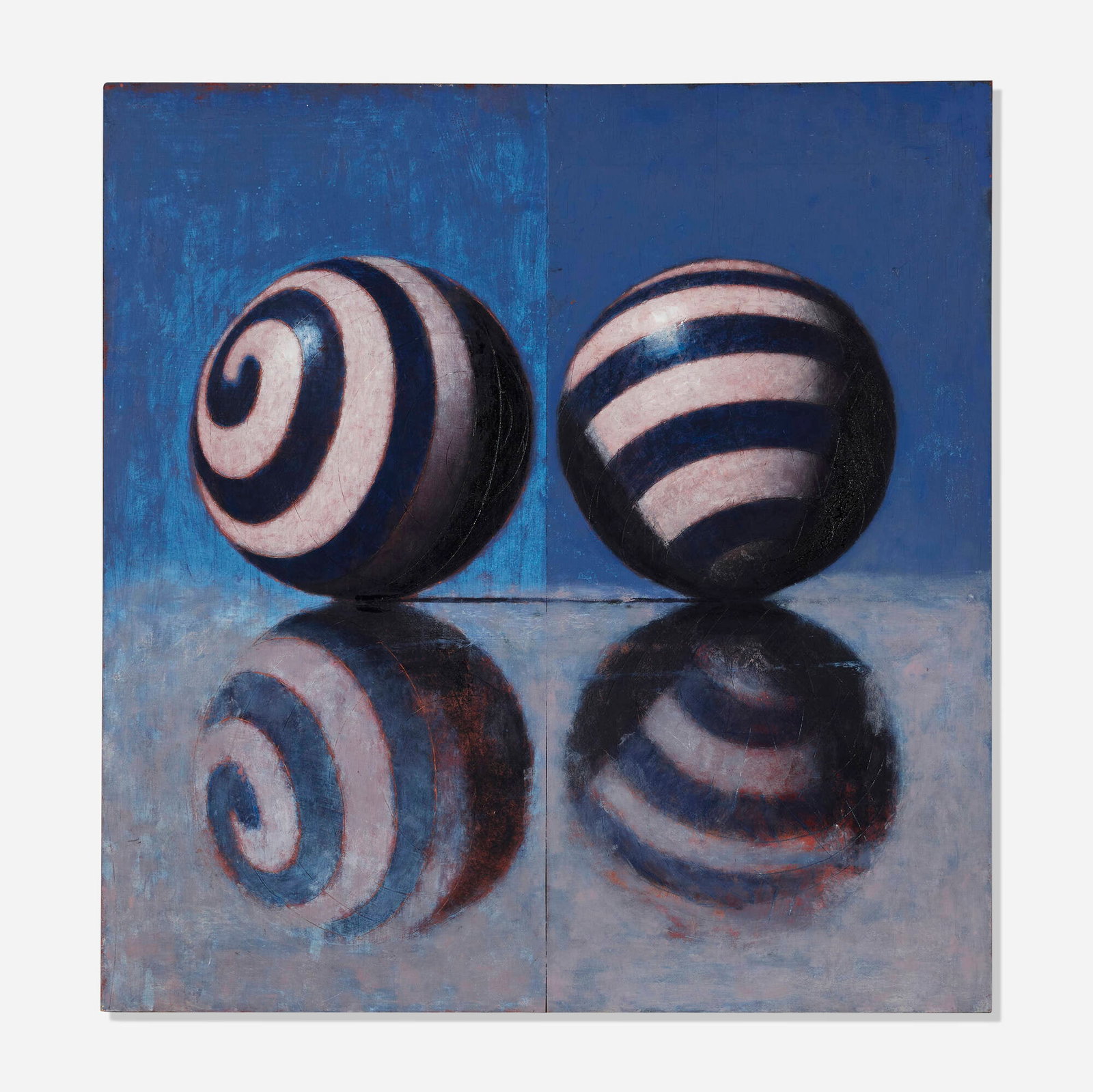 John Gibson, Two Thick Spirals: White and Blue: John Gibson Two Thick Spirals: White and Blue 1996 oil on panel 22.5 h x 21.5 w in (57 x 55 cm) Signed, titled, and dated to verso 'John Gibson 7/96 Two Thick Spirals: White and Blue'.