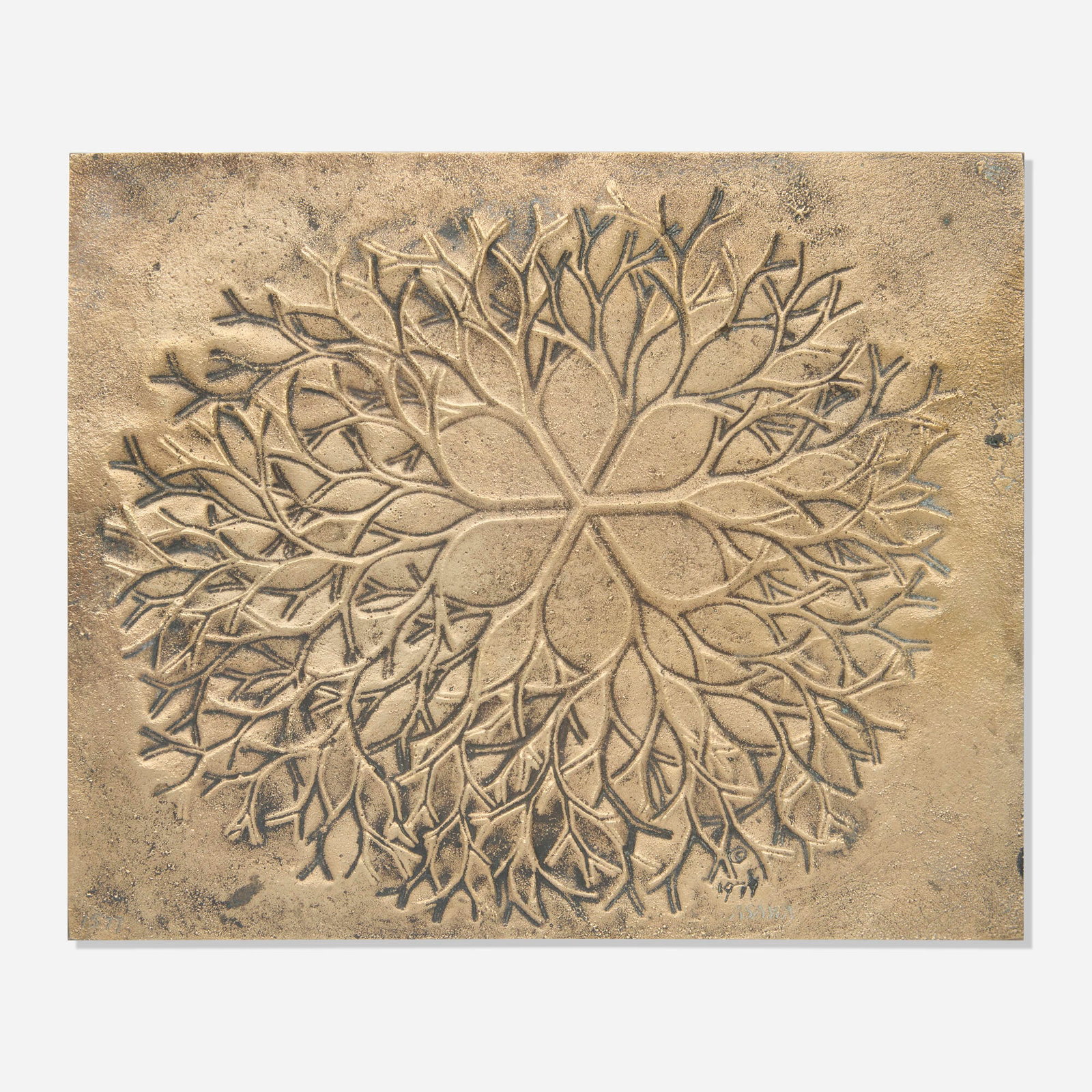Ruth Asawa, Untitled (Flower): Ruth Asawa Untitled (Flower) 1979 cast bronze relief 5.25 h x 6.625 w x 0.125 d in (13 x 17 x 0 cm) Etched signature and number to lower edge '1577 Asawa'. Impressed copyright mark to verso. This