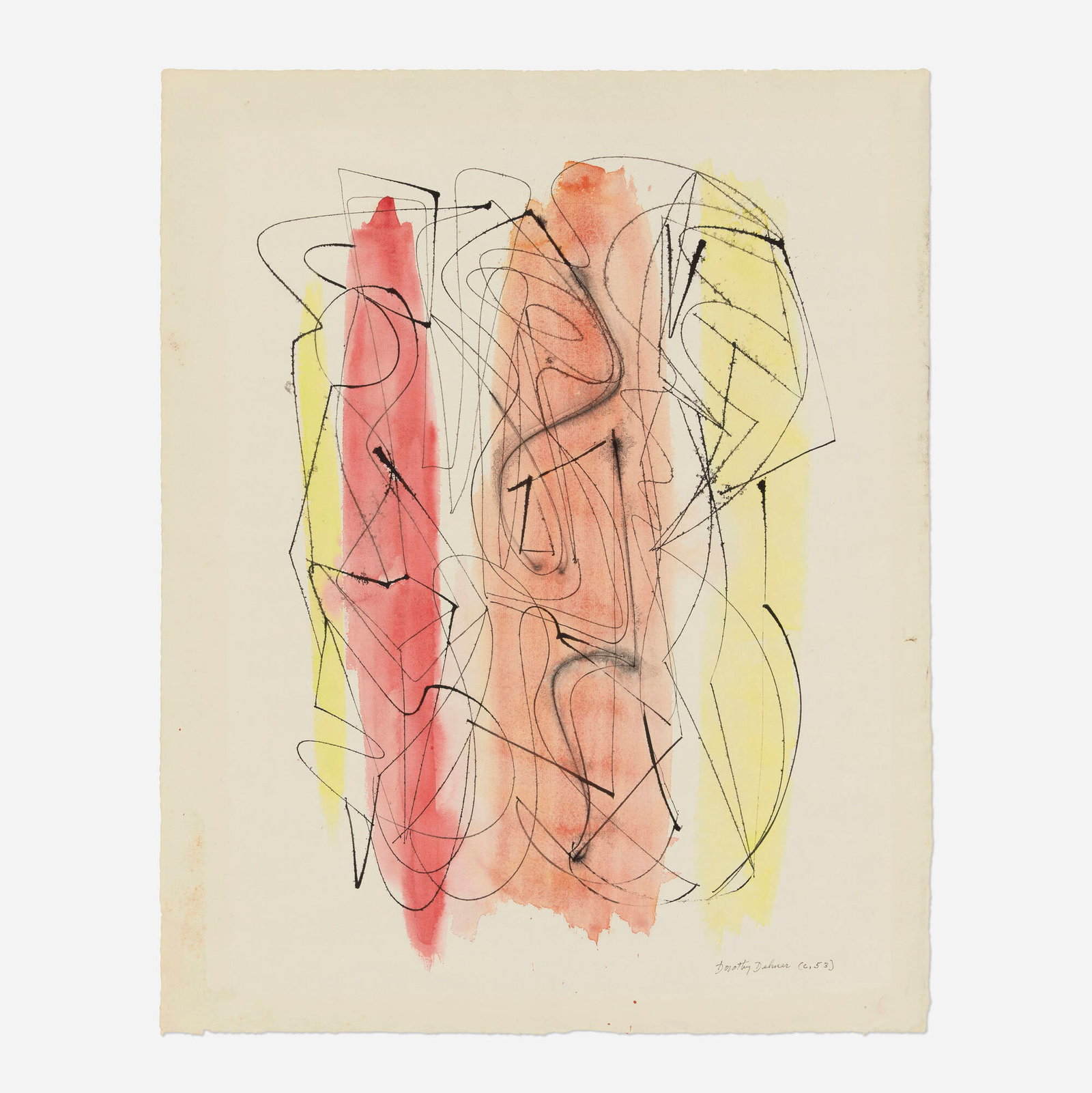 Dorothy Dehner, Three Figures: Dorothy Dehner Three Figures c. 1953 watercolor and ink on paper 22.75 h x 18.25 w in (58 x 46 cm) Signed and dated to lower right 'Dorothy Dehner (c. 53)'. This work will ship from