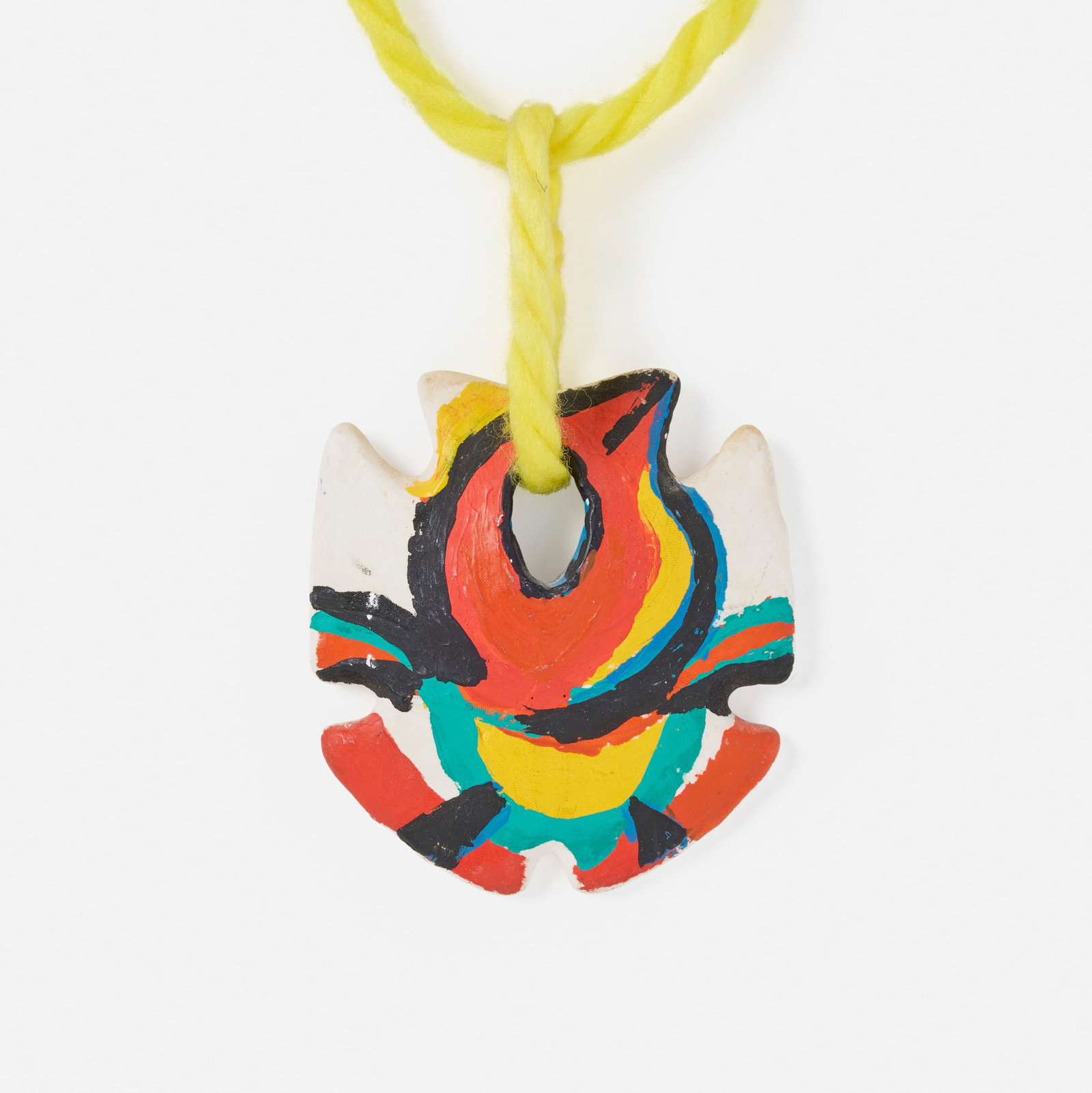 Karel Appel, Painted Sand Dollar: Karel Appel Painted Sand Dollar 1975 acrylic on sand dollar, yarn pendant: 3.625 h x 3.75 w x 0.5 d in (9 x 10 x 1 cm) overall: 14.75 h x 3.75 w x 0.5 d in (37 x 10 x 1 cm) Signed to reverse 'K