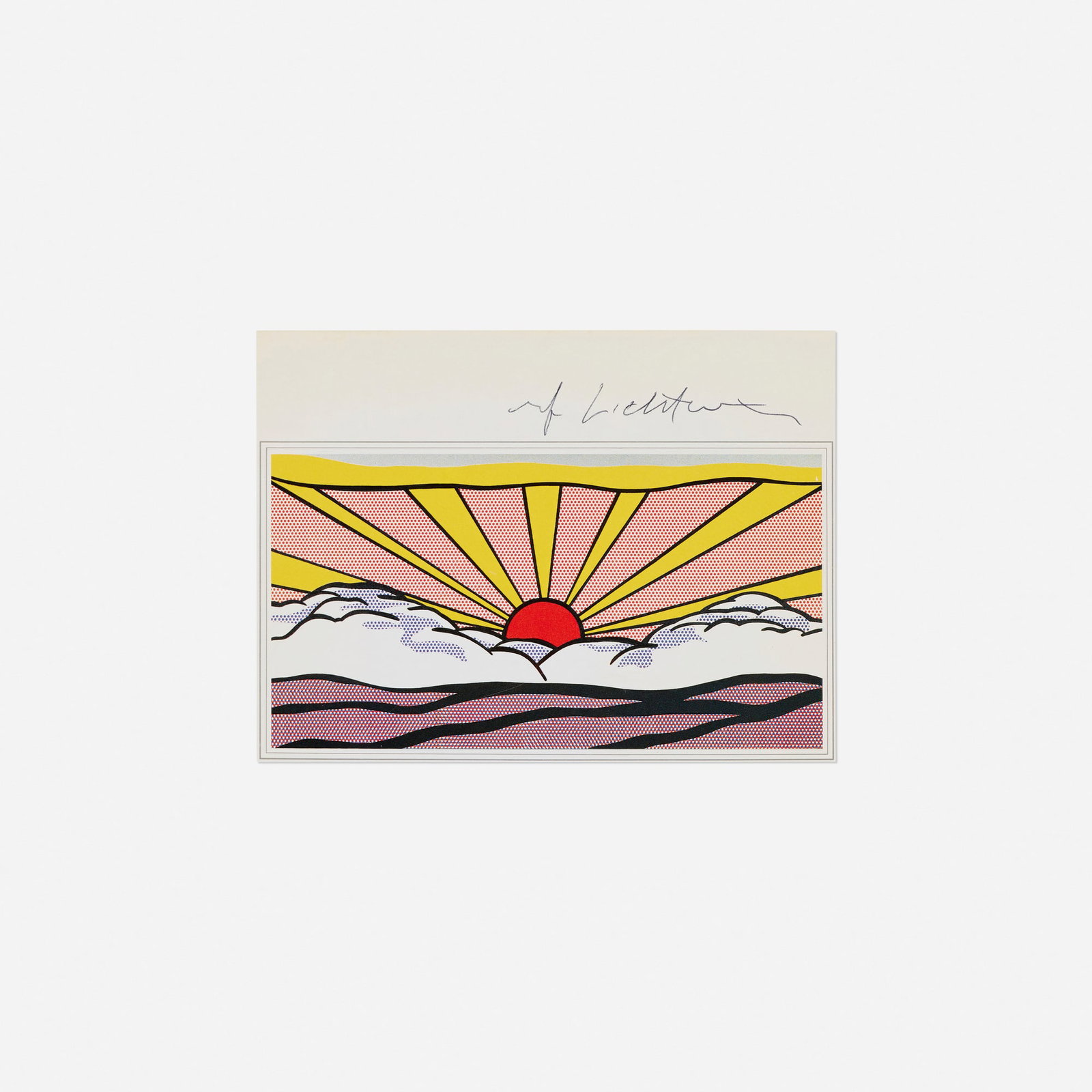 Roy Lichtenstein, Sunrise signed card: Roy Lichtenstein Sunrise signed card offset lithograph in colors image: 3.25 h x 6 w in (8 x 15 cm) sheet: 4.625 h x 6.25 w in (12 x 16 cm) Signed to upper edge 'rf Lichtenstein'.