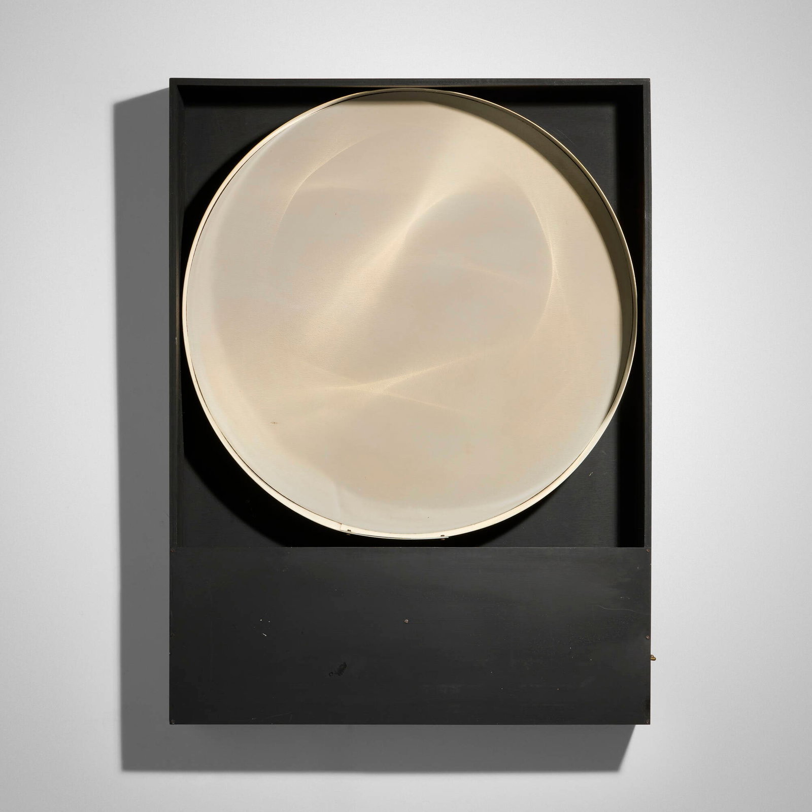 Julio Le Parc, Continuel-lumiere cylindre: Julio Le Parc Continuel-lumiere cylindre 1966 wood, metal, electric motor 33 h x 24.5 w x 6.25 d in (84 x 62 x 16 cm) Signed to detached label 'Le Parc'. This work is from the edition of