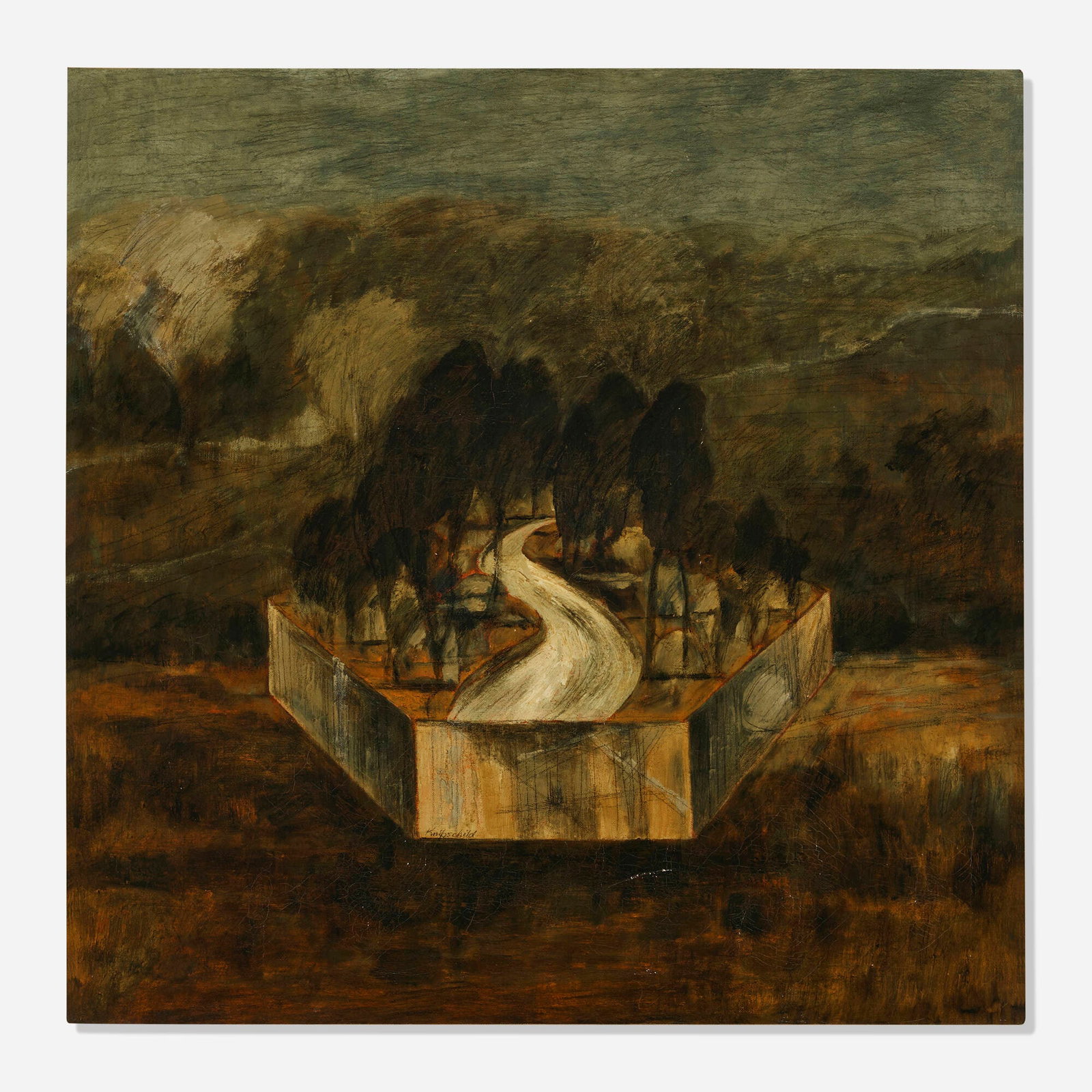 Robert Knipschild, Dark Forest with Hexagon: Robert Knipschild Dark Forest with Hexagon 1964 oil on canvas 26 h x 26 w in (66 x 66 cm) Signed to lower edge 'Knipschild'. Signed twice, titled, and dated to verso 'Dark Forest with