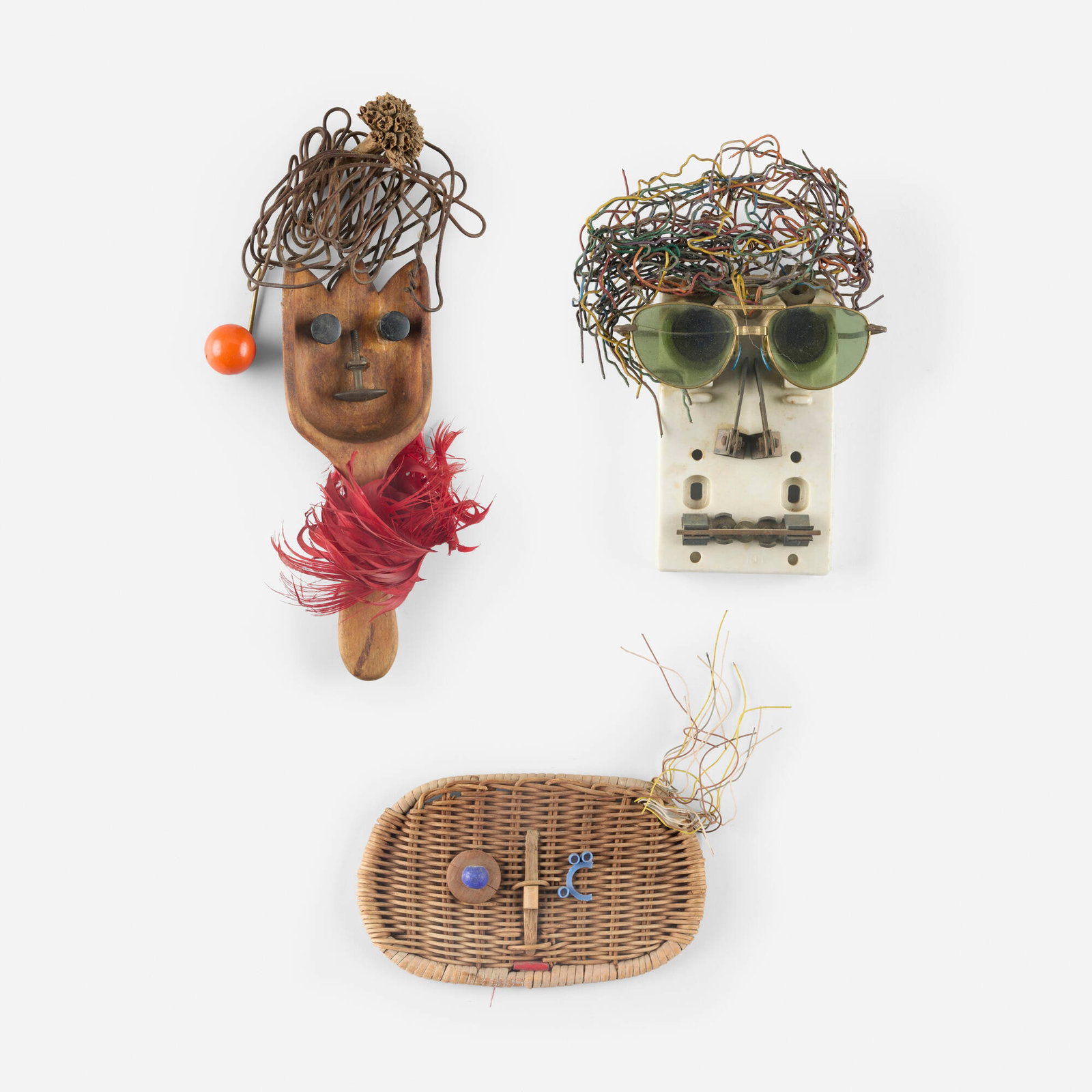 Ruth Wall, Three masks: Ruth Wall Three masks found object assemblage 11.75 h x 5 w x 2 d in (30 x 13 x 5 cm) 8.75 h x 6.25 w x 2.125 d in (22 x 16 x 5 cm) 7.875 h x 8.75 w x 1.375 d in (20 x 22 x 3 cm) Signed to the