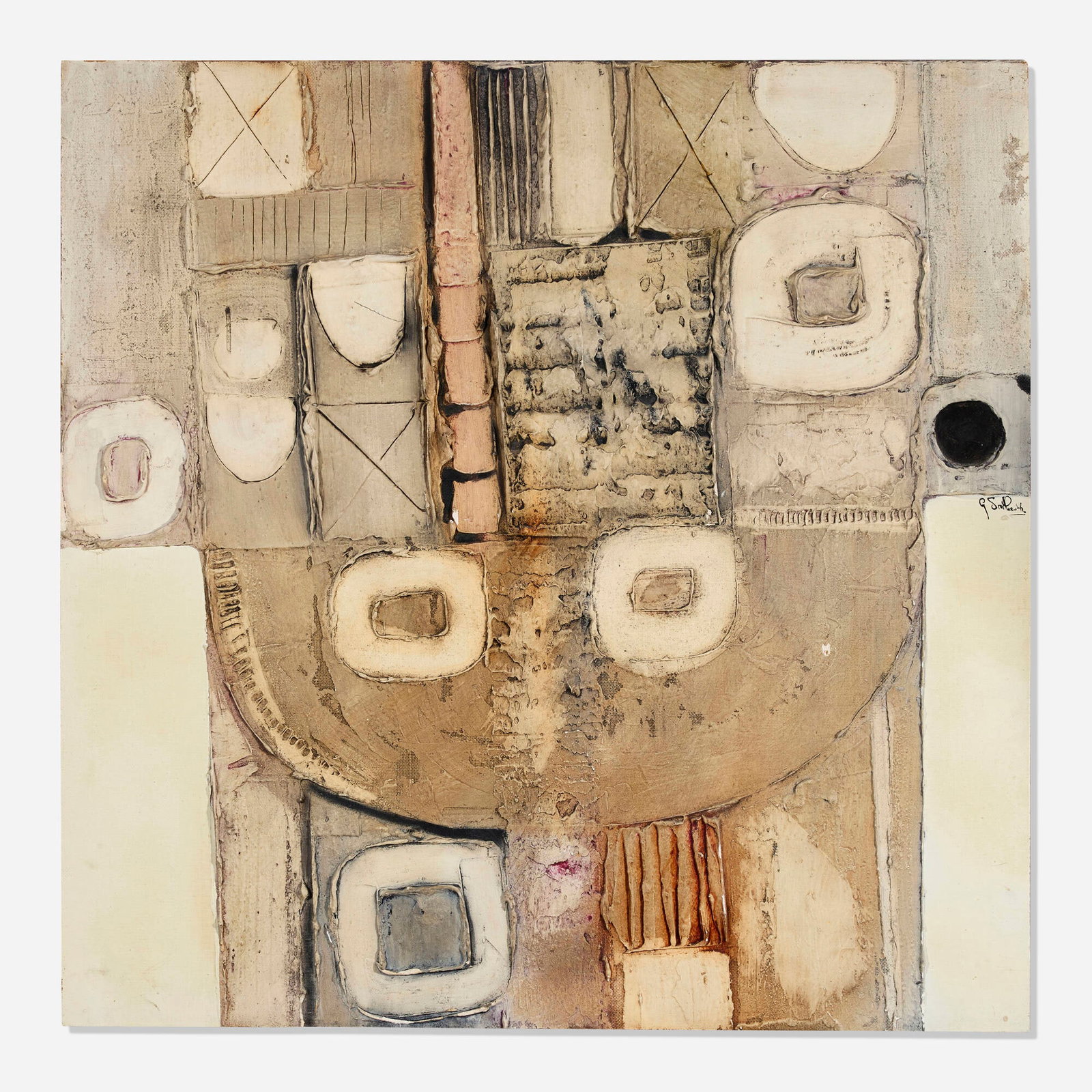 Artist Unknown, Untitled: Artist Unknown Untitled mixed media on Masonite 36 h x 36 w in (91 x 91 cm) Signed illegibly to right edge. Provenance: Private Collection This work will ship from Lambertville, New Jersey.