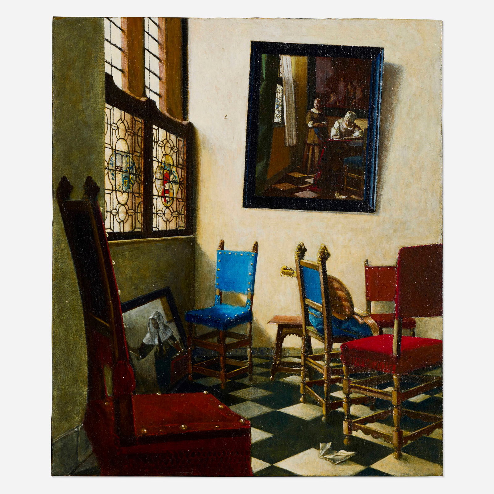 George Deem, Vermeer's Moving: George Deem Vermeer's Moving 1976 oil on canvas 15.75 h x 14 w in (40 x 36 cm) Signed, titled, and dated to verso 'Vermeer's Moving George Deem 1976'. Provenance: Pavel Zoubok Gallery,