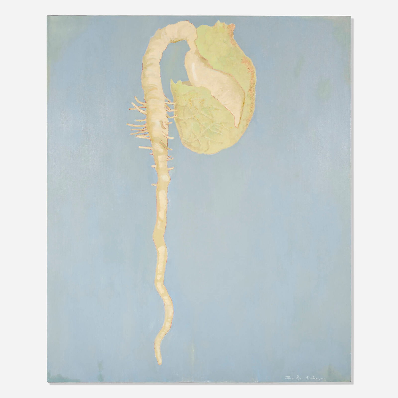 Buffie Johnson, Embryo: Buffie Johnson Embryo 1973 oil on canvas 54 h x 45 w in (137 x 114 cm) Signed to lower right 'Buffie Johnson'. Signed, titled, and dated to verso 'Embryo Buffie Johnson 1973'.
