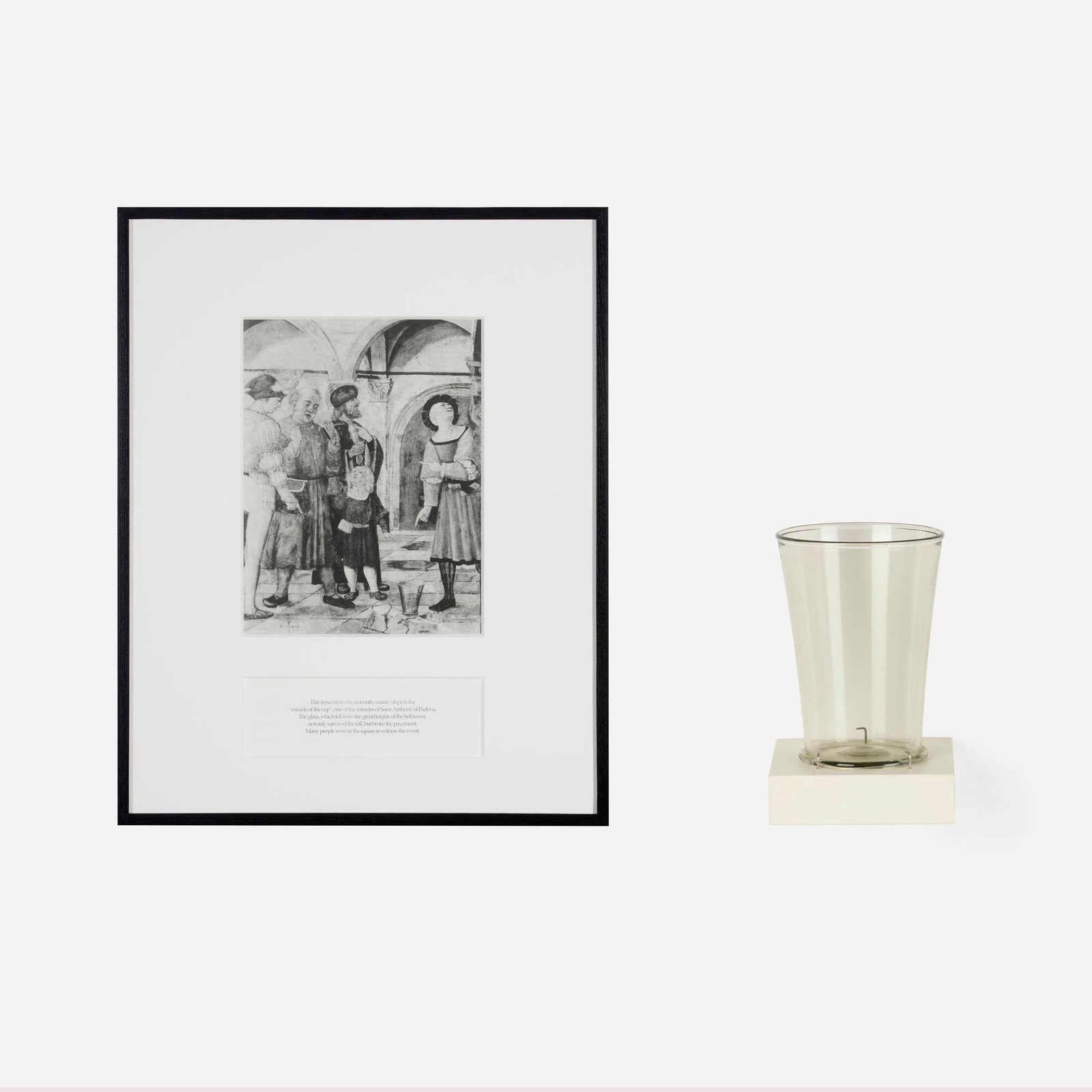 Josiah McElheny, Recreating a Miraculous Object: Josiah McElheny Recreating a Miraculous Object 1997-99 hand-blown glass, painted wood, offset lithograph on paper vessel: 8.75 h x 6.25 dia in (22 x 16 cm) shelf: 2.5 h x 6.875 w x 6.875 d in (6 x 17