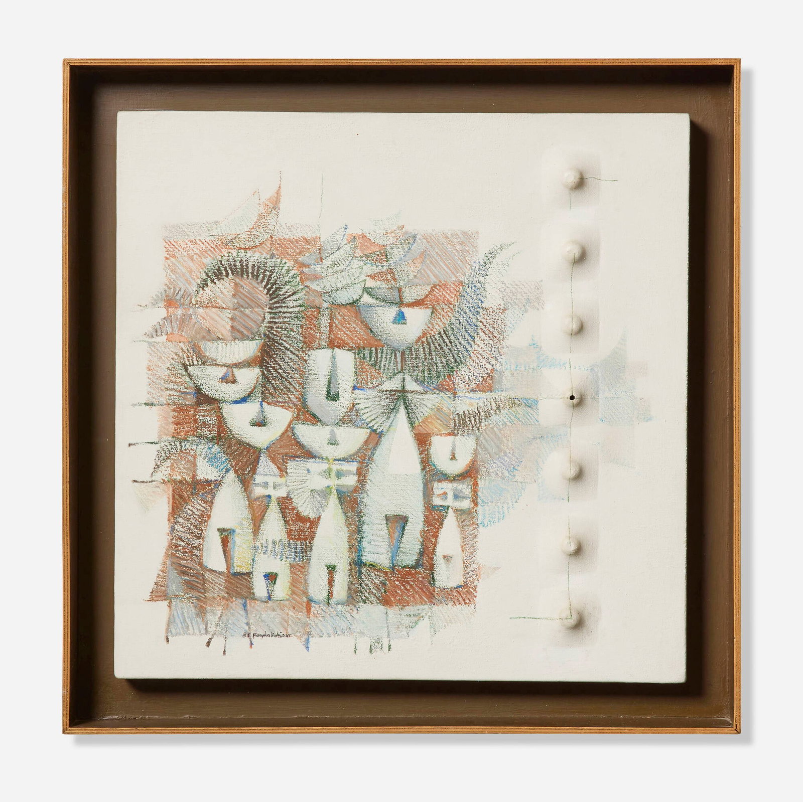 Hafiz Abdel Farghali, Untitled: Hafiz Abdel Farghali Untitled 1983 mixed media and acrylic on canvas in artist's frame 19.875 h x 20 w x 2 d in (50 x 51 x 5 cm) Signed, dated, and inscribed in Arabic to lower left '83