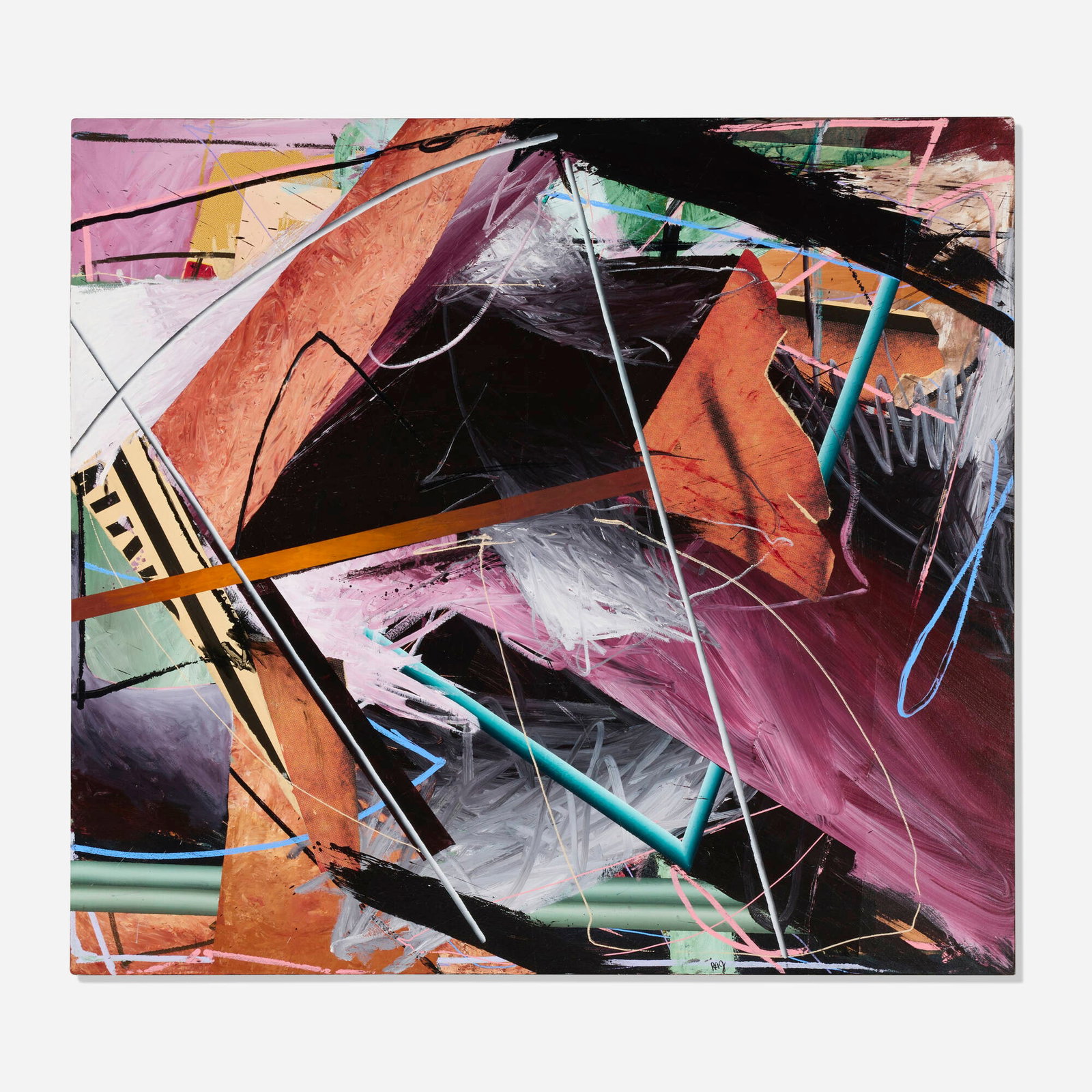 Richard Johnson, Moment of Impact: Richard Johnson Moment of Impact 1991 acrylic and collage on canvas 51.5 h x 56.5 w in (131 x 144 cm) Signed to lower edge 'RAJ'. Signed and dated to verso 'RAJ 91'. Provenance: