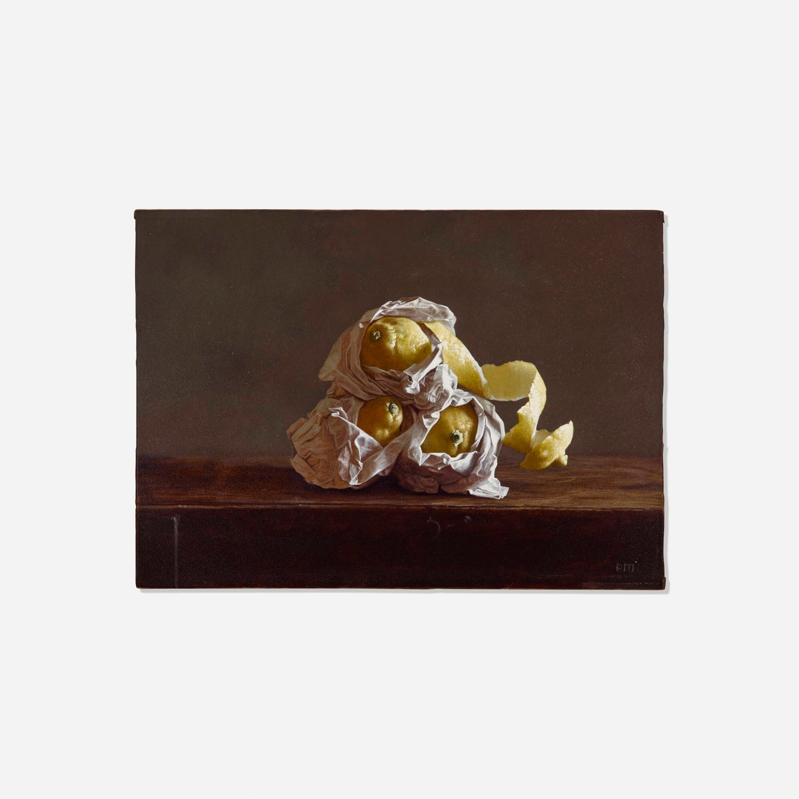 Richard Murdock, Wrapped Lemons: Richard Murdock Wrapped Lemons oil on copper laid to panel 10 h x 14.25 w in (25 x 36 cm) Signed to lower right 'RM'. Provenance: Susan Powell Fine Art, Madison, CT | Acquired from the