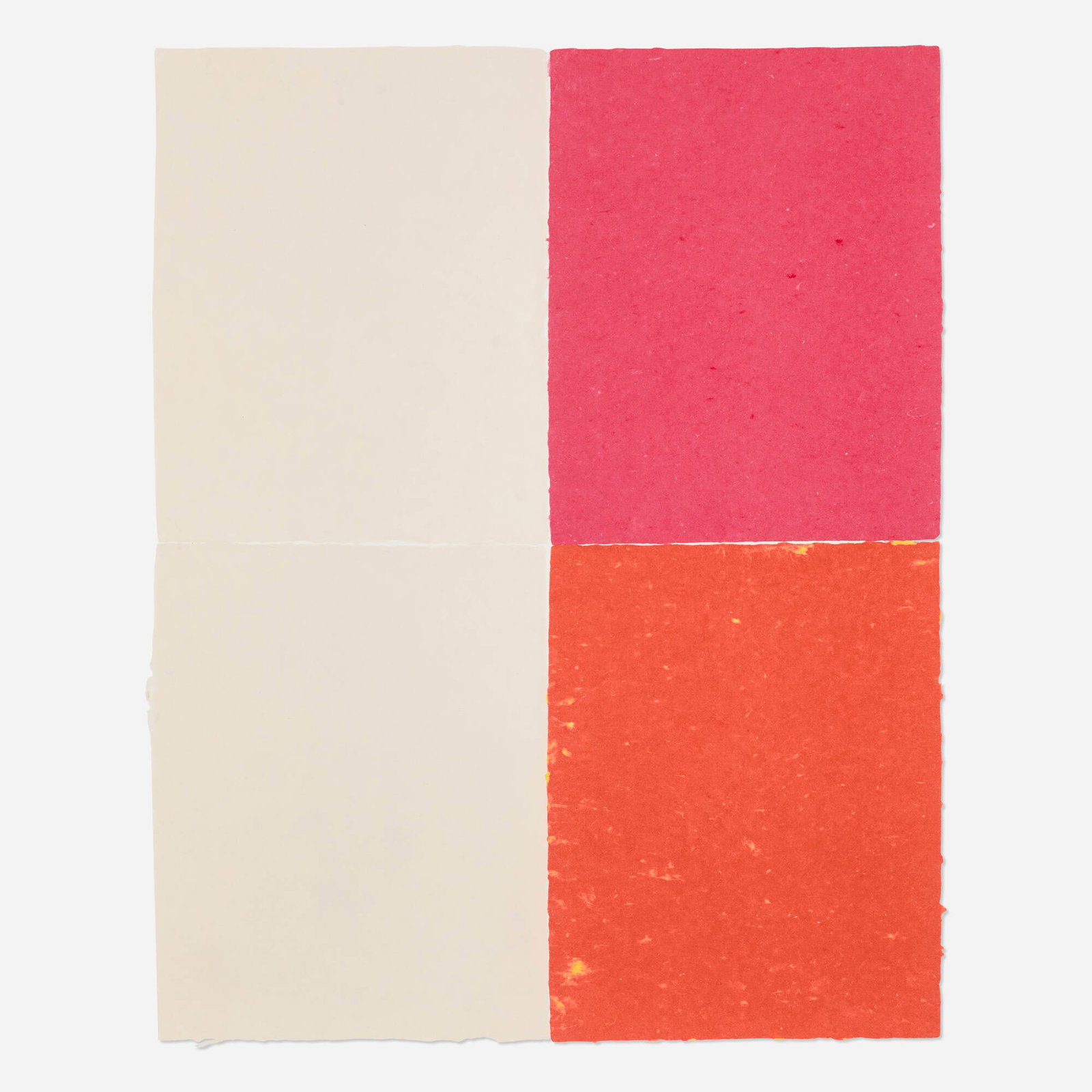 Ethan Cook, Two whites, pink, orange with yellow speckles: Ethan Cook Two whites, pink, orange with yellow speckles 2020 handmade pigmented paper in four parts dry-mounted to backing board 28.25 h x 22.25 w in (72 x 57 cm) Provenance: Nino Mier Gallery,