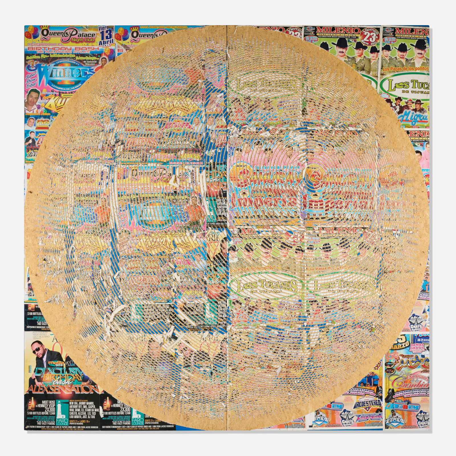 Michael DeLucia, A Pure Noise: Michael DeLucia A Pure Noise 2012 found posters and construction enamel on oriented strand board 96 h x 96 w in (244 x 244 cm) Provenance: Eleven Rivington, New York | Acquired from the previous in