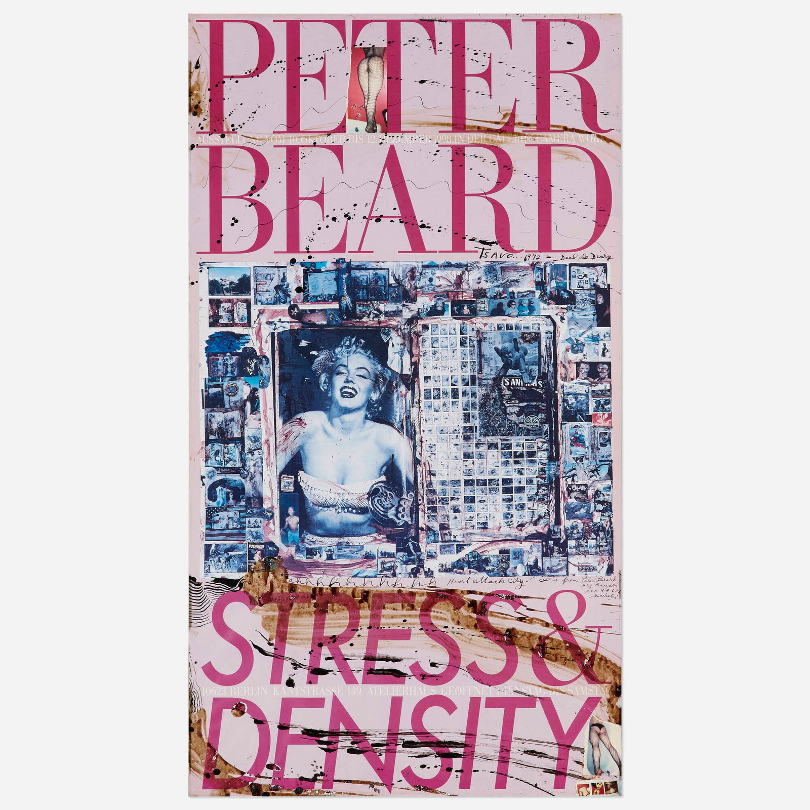 Peter Beard, Stress & Density exhibition poster: Peter Beard Stress & Density exhibition poster 2000 offset lithograph in colors with ink, blood and photo collage elements sight: 44.25 h x 24.75 w in (112 x 63 cm) Signed and inscribed to lower