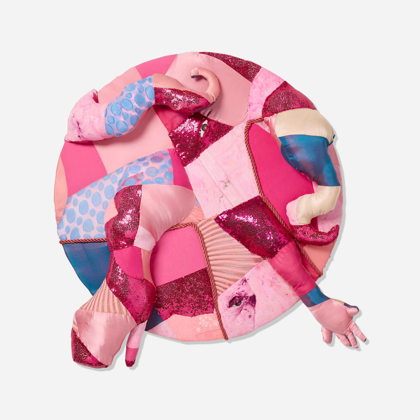 Trevon Latin, Knead myself (pink): Trevon Latin Knead myself (pink) 2021 found fabric, sequins, upholstery over panel 45 h x 36.5 w x 6.5 d in (114 x 93 x 17 cm) Signed to verso 'Trevon Latin'. Exhibited: It's Much