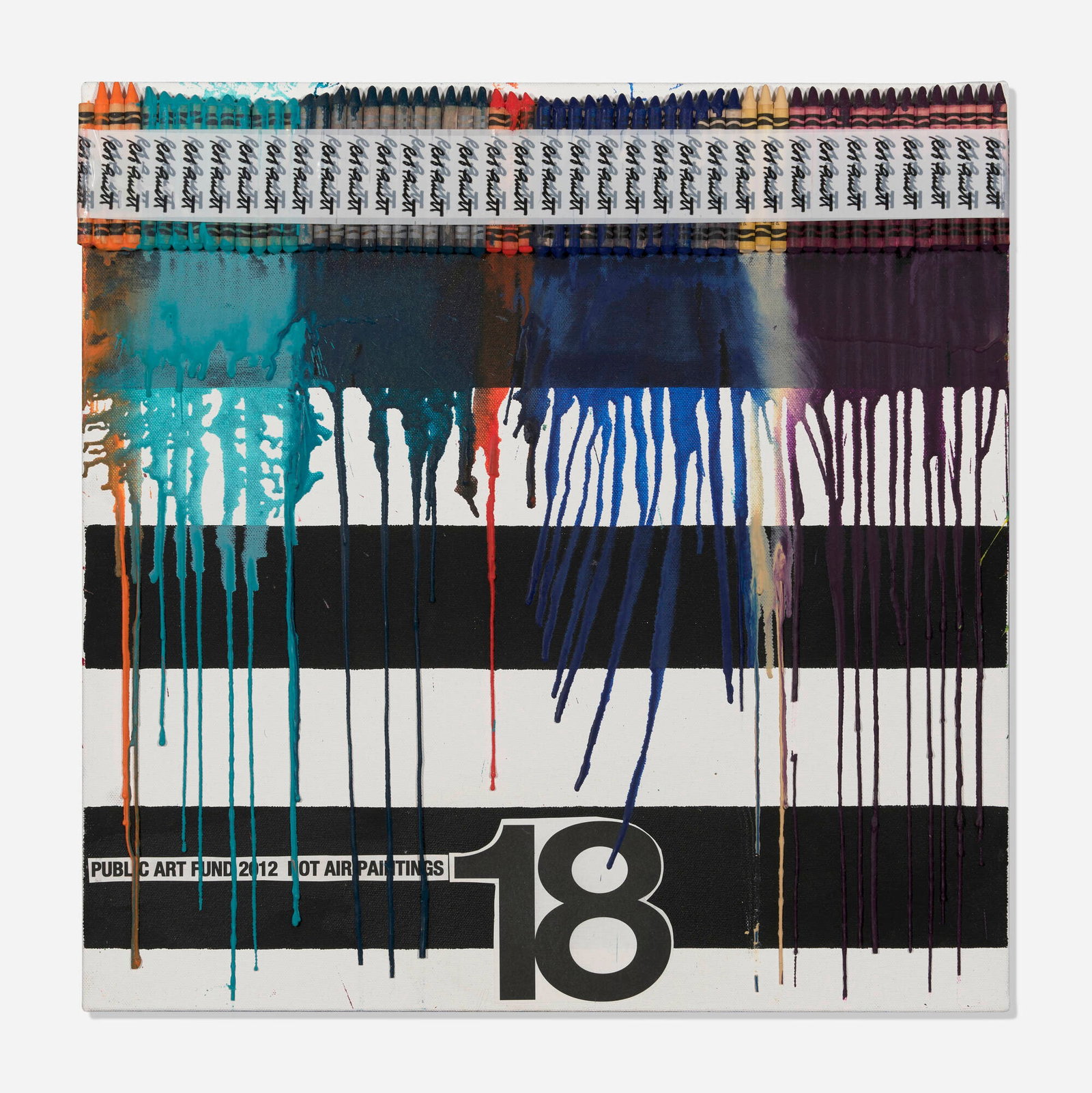 Rob Pruitt, Hot Air Painting 18: Rob Pruitt Hot Air Painting 18 2012 paint, melted crayons, printed tape and collage on canvas 20 h x 20 w x 1.375 d in (51 x 51 x 3 cm) Artist's custom signature tape to upper edge. Provenance: