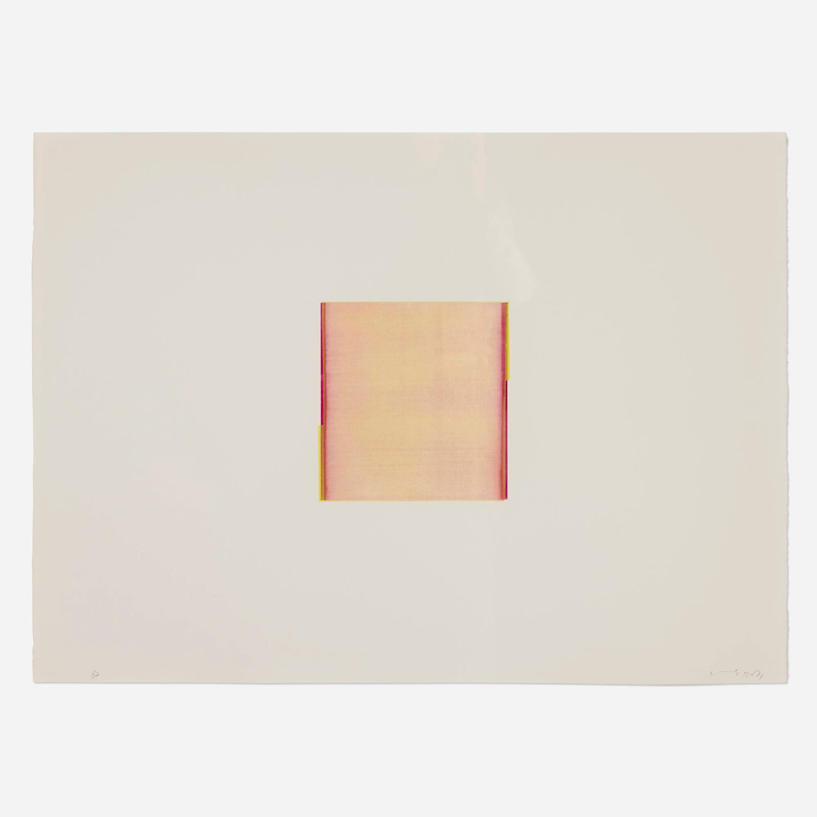 Callum Innes, Quinacridone Magenta/Bismouth Yellow: Callum Innes Quinacridone Magenta/Bismouth Yellow 2011 watercolor on paper image: 8 h x 7.625 w in (20 x 19 cm) sheet: 22 h x 30 w in (56 x 76 cm) Signed, dated, and inscribed to lower edge '87