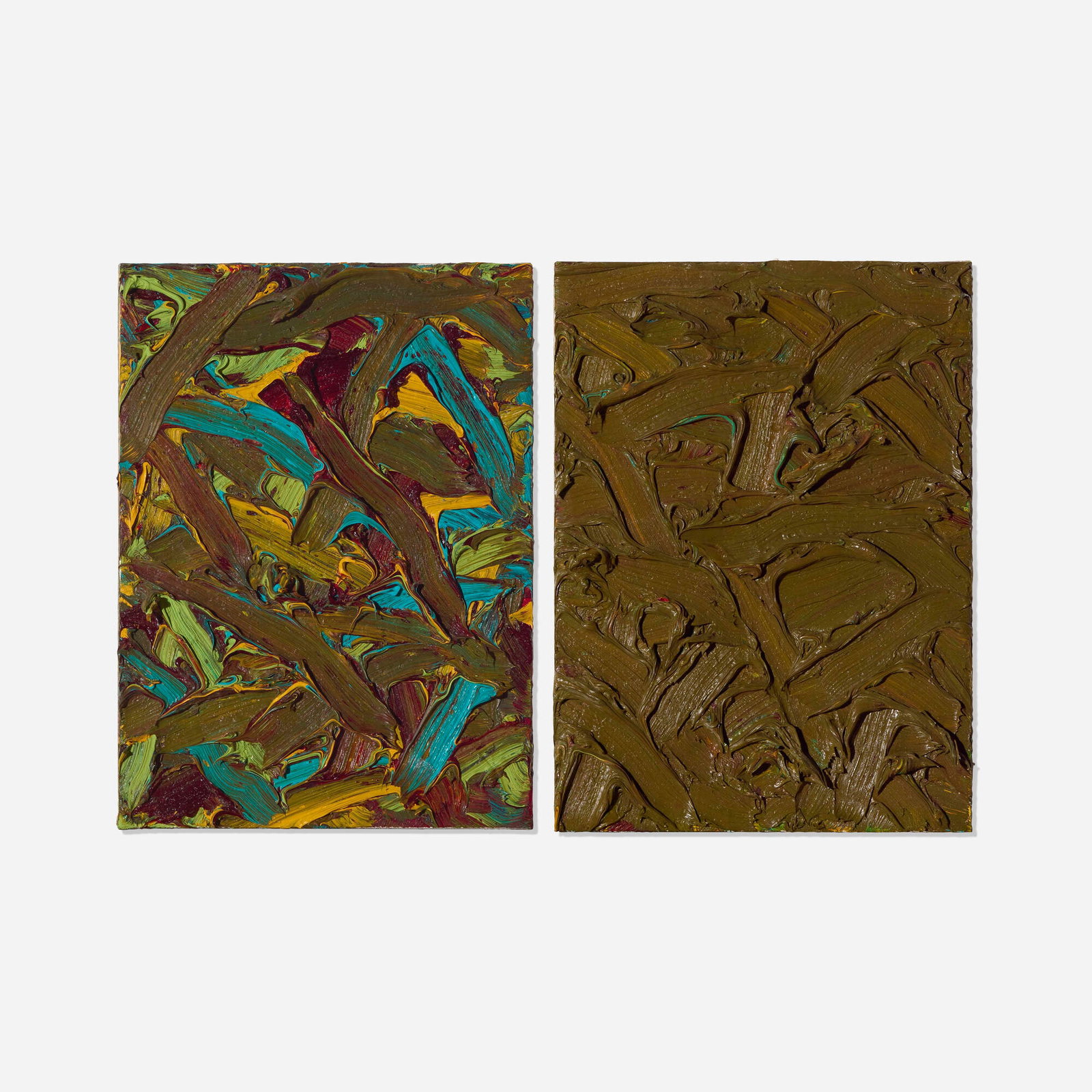 James Hayward, Abstract Diptych #50: James Hayward Abstract Diptych #50 2017 oil on canvas laid to wood board 15.25 h x 22.5 w x 2.25 d in (39 x 57 x 6 cm) Signed, titled, and dated to verso of one panel '50 Abstract Diptych #50