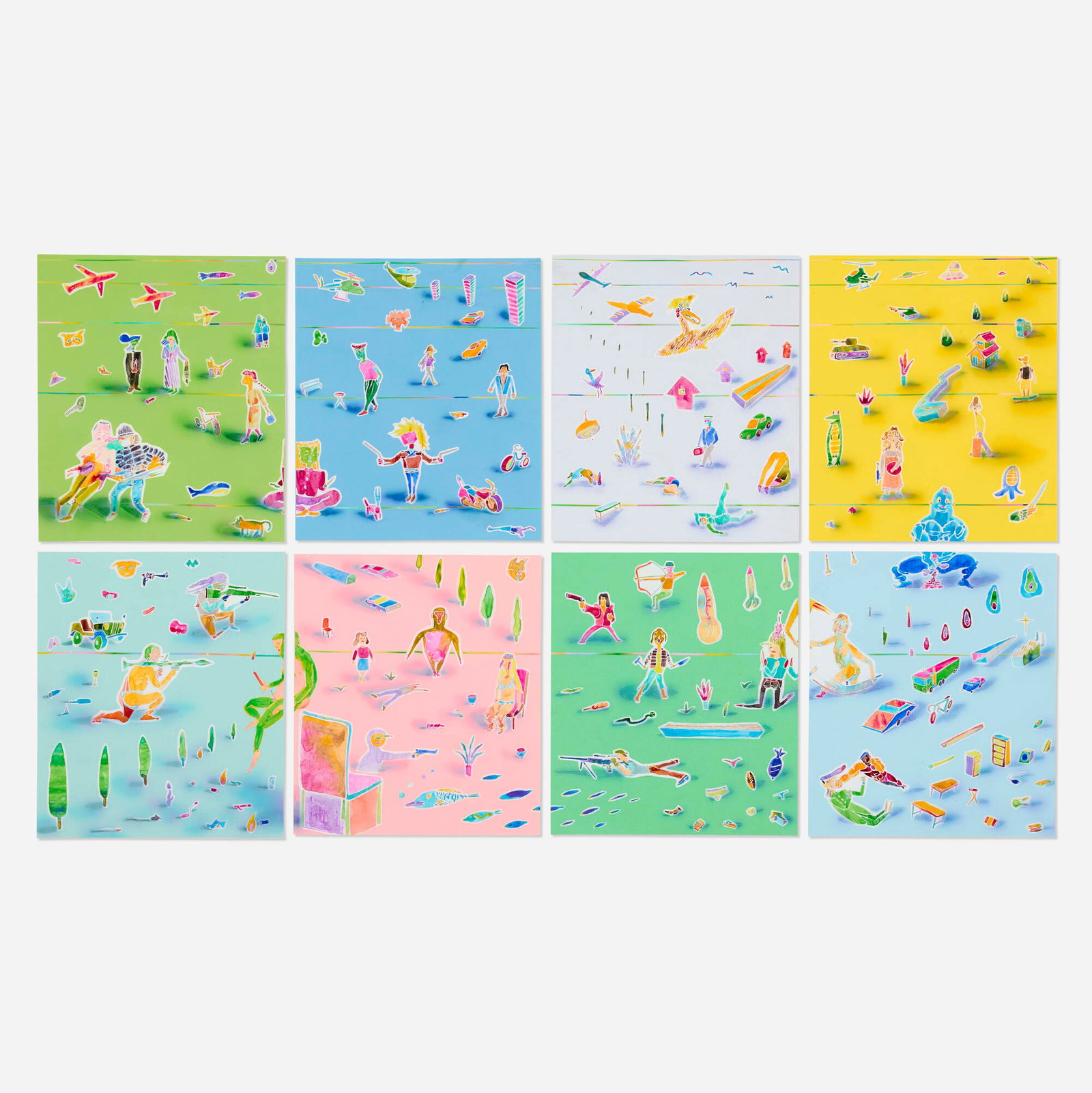 Tai Ogawa, Urban Legend: Tai Ogawa Urban Legend 2014 graphite, acrylic and watercolor with collaged paper in eight parts on paper each: 11.25 h x 9.75 w in (29 x 25 cm) overall: 24 h x 40.25 w in (61 x 102 cm) Provenance: