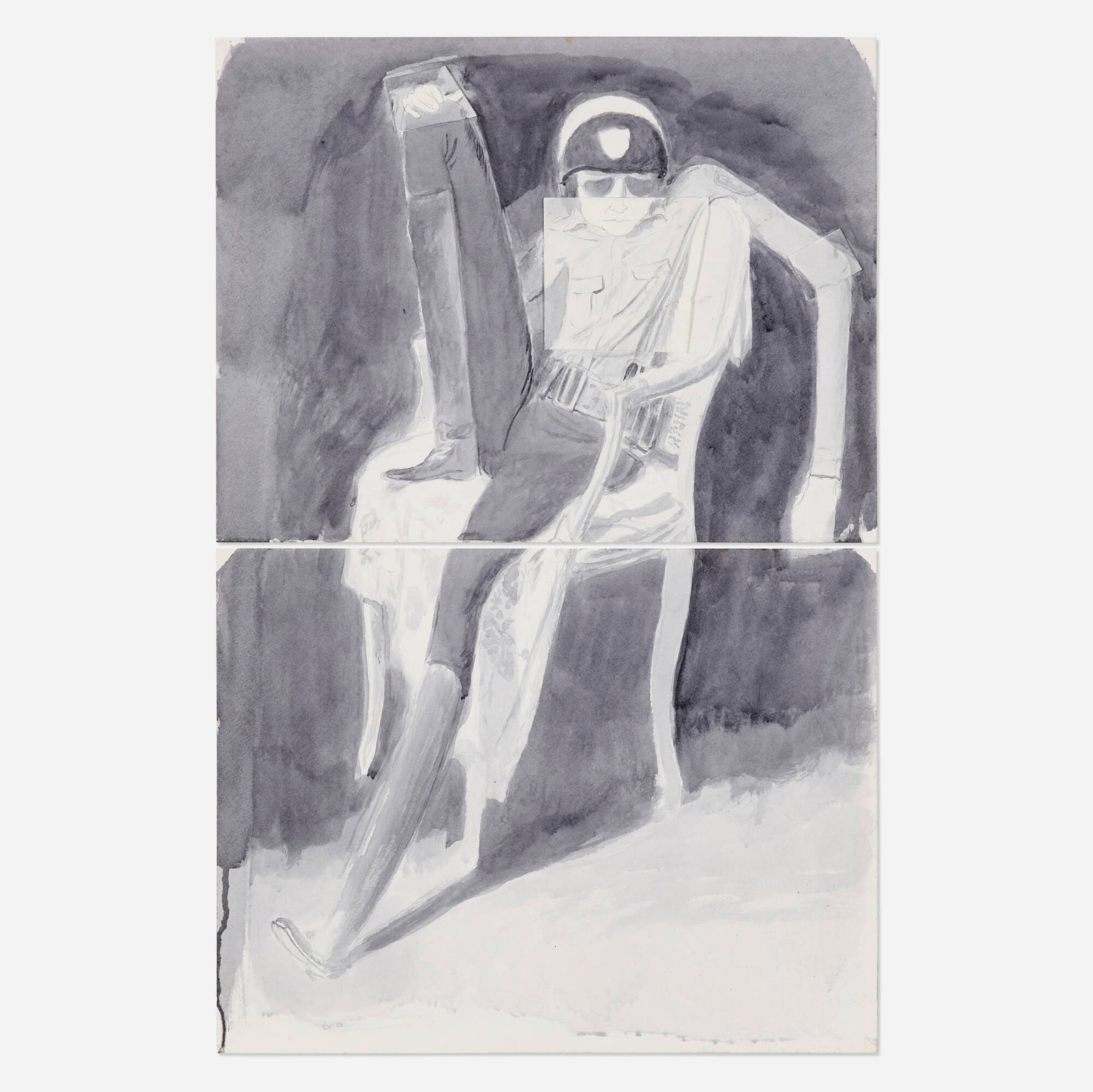 Jansson Stegner, Study for the Peacekeeper: Jansson Stegner Study for the Peacekeeper 2008 ink wash on paper collage in two parts 26 h x 17 w in (66 x 43 cm) Signed, titled, and dated to verso of each sheet 'J. Stegner Study for the