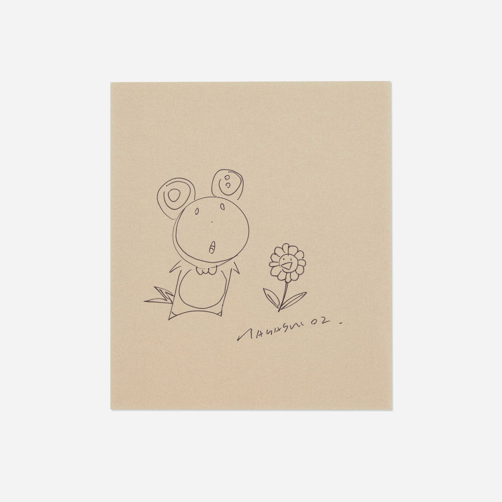 Takashi Murakami, Untitled (DOB and Flower): Takashi Murakami Untitled (DOB and Flower) 2002 ink on paper sight: 7.5 h x 6.375 w in (19 x 16 cm) Signed and dated to lower right 'Murakami 02'. Provenance: Gift from the artist, Private