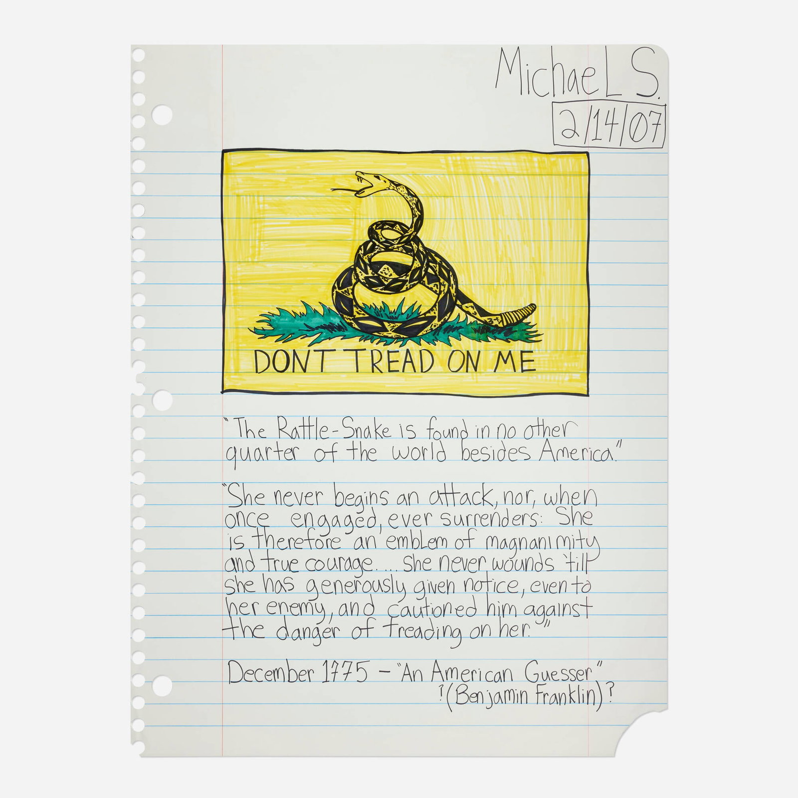 Michael Scoggins, Don't Tread on Me: Michael Scoggins Don't Tread on Me 2007 graphite and Prismacolor marker on paper 67.375 h x 51 w in (171 x 130 cm) Signed and dated to upper right 'MichaeL S. 2/14/07'. Signed, titled, and dated to