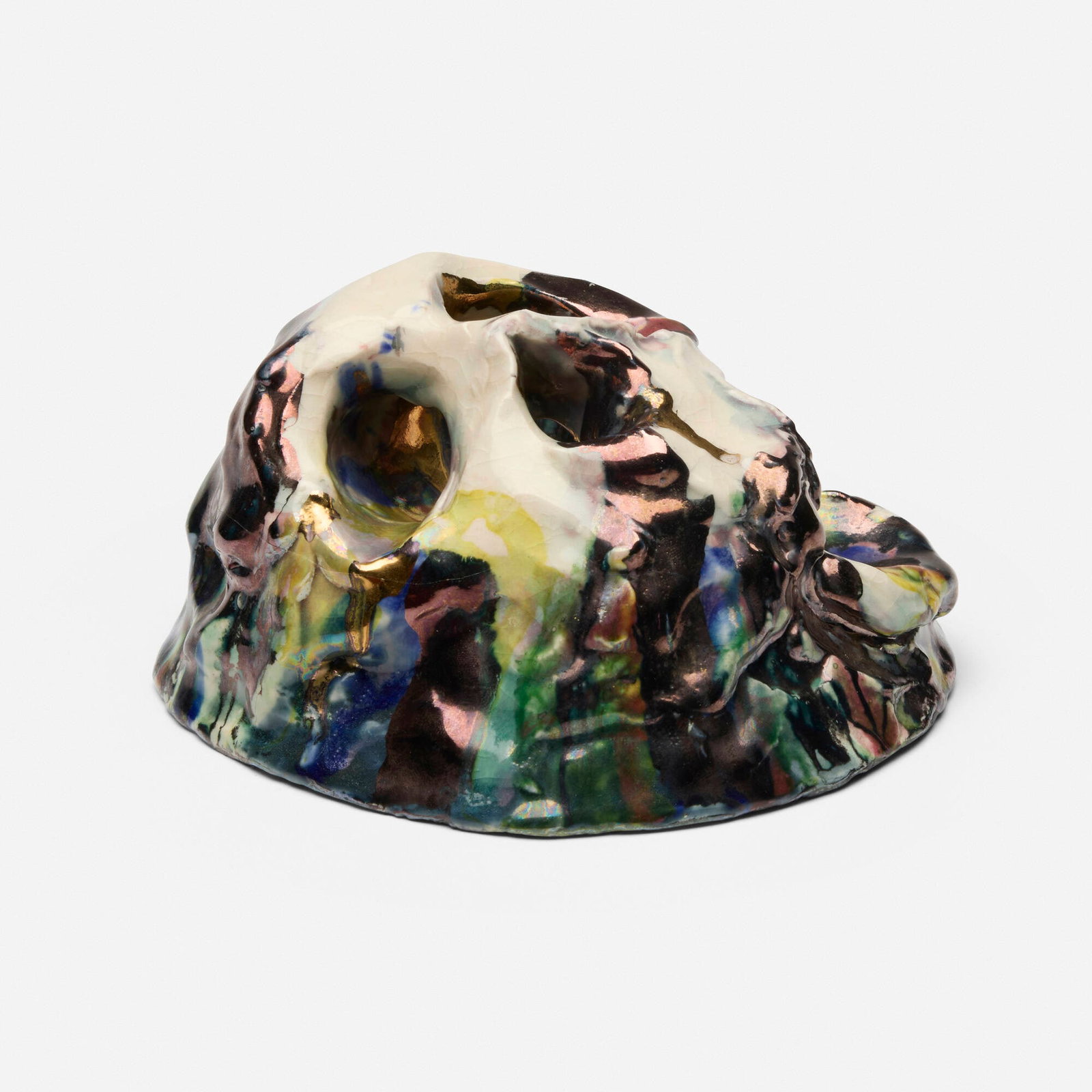 Tiago Carneiro da Cunha, Skull Ashtray: Tiago Carneiro da Cunha Skull Ashtray 2009 polychrome faience 6 h x 5.25 w x 3 d in (15 x 13 x 8 cm) Incised signature and date to underside 'Tiago Carneiro 2009'. This work will ship from