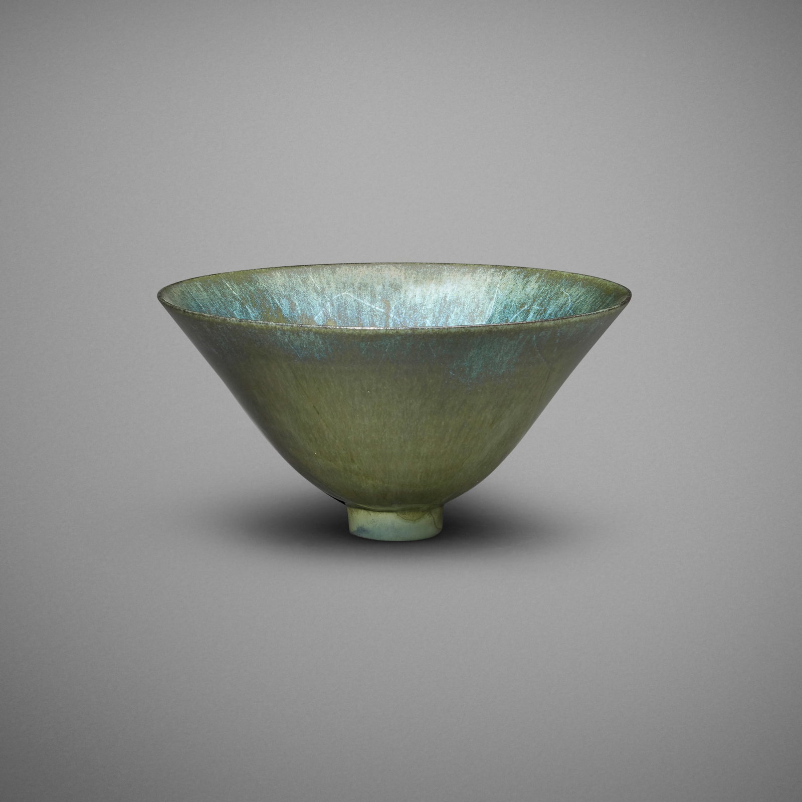 Gertrud and Otto Natzler, Flaring bowl: Gertrud and Otto Natzler Flaring bowl 1961 earthenware with Mariposa Reduction Fired Hare's Fur glaze with melt fissures 3.5 h x 6.75 dia in (9 x 17 cm) Signed to underside 'Natzler' with archive