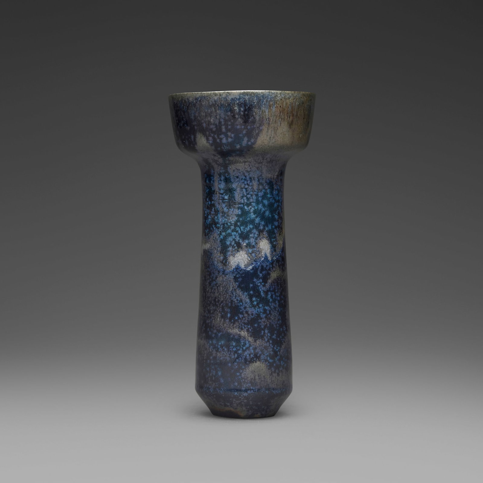 Gertrud and Otto Natzler, Vase form with cup-shaped top: Gertrud and Otto Natzler Vase form with cup-shaped top 1967 earthenware with Blue Celadon Reduction Fired Crystalline glaze 6.675 h x 3 dia in (17 x 8 cm) Signed to underside 'Natzler' with archive