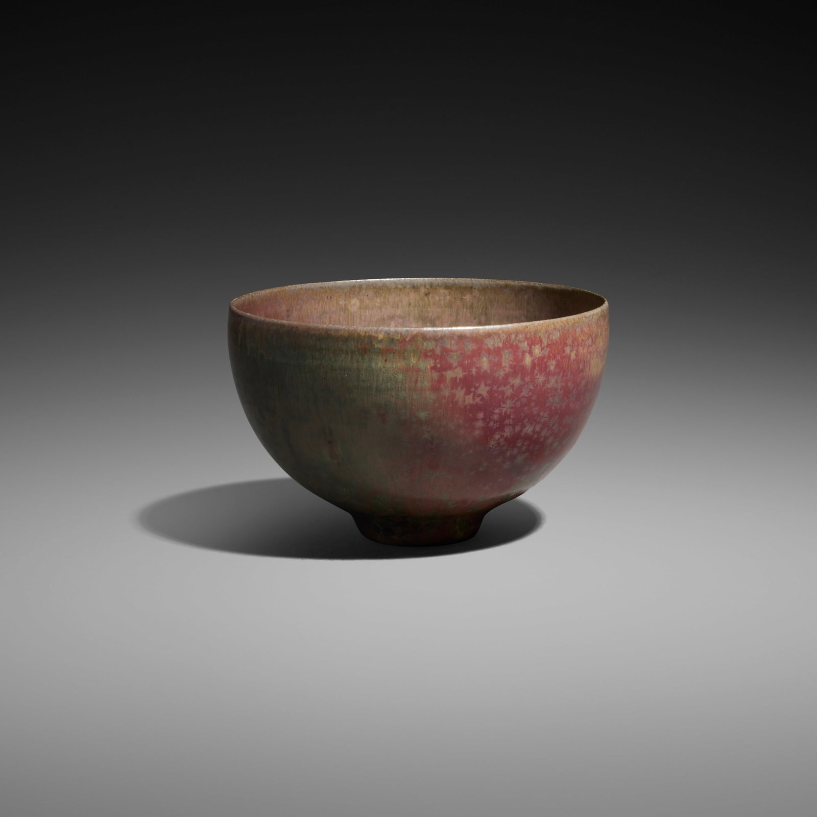 Gertrud and Otto Natzler, Rounded bowl: Gertrud and Otto Natzler Rounded bowl 1970 earthenware with Sang and Green Nocturne glaze with crystal formations 3.25 h x 5.125 dia in (8 x 13 cm) Signed to underside 'Natzler' with archive nu