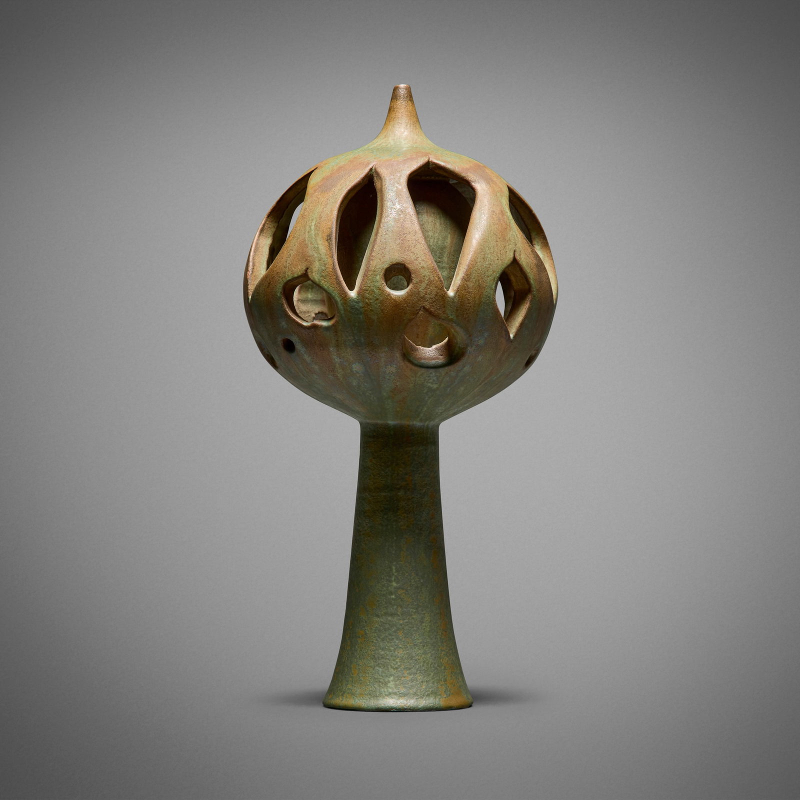 Gertrud and Otto Natzler, Finial: Gertrud and Otto Natzler Finial earthenware with Patina Mat glaze 12.25 h x 6.25 dia in (31 x 16 cm) Signed to underside interior 'Natzler' with archive number 'Y158'. This work is archive
